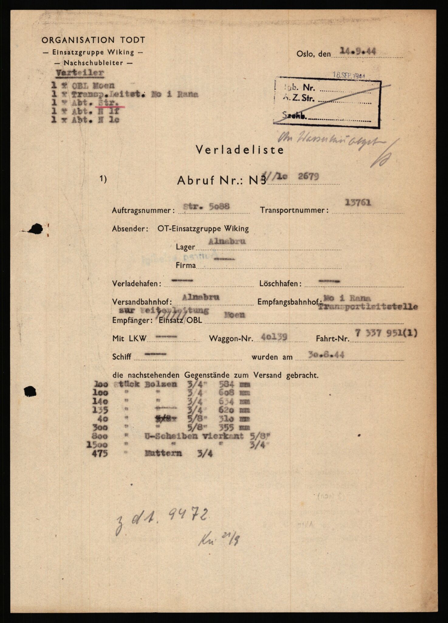 Tyske arkiver, Organisation Todt (OT), Einsatzgruppe Wiking, AV/RA-RAFA-2188/1/E/E6/E6c/L0007: Nachschub: Arkivkode 9451-9490, 1940-1945, p. 102