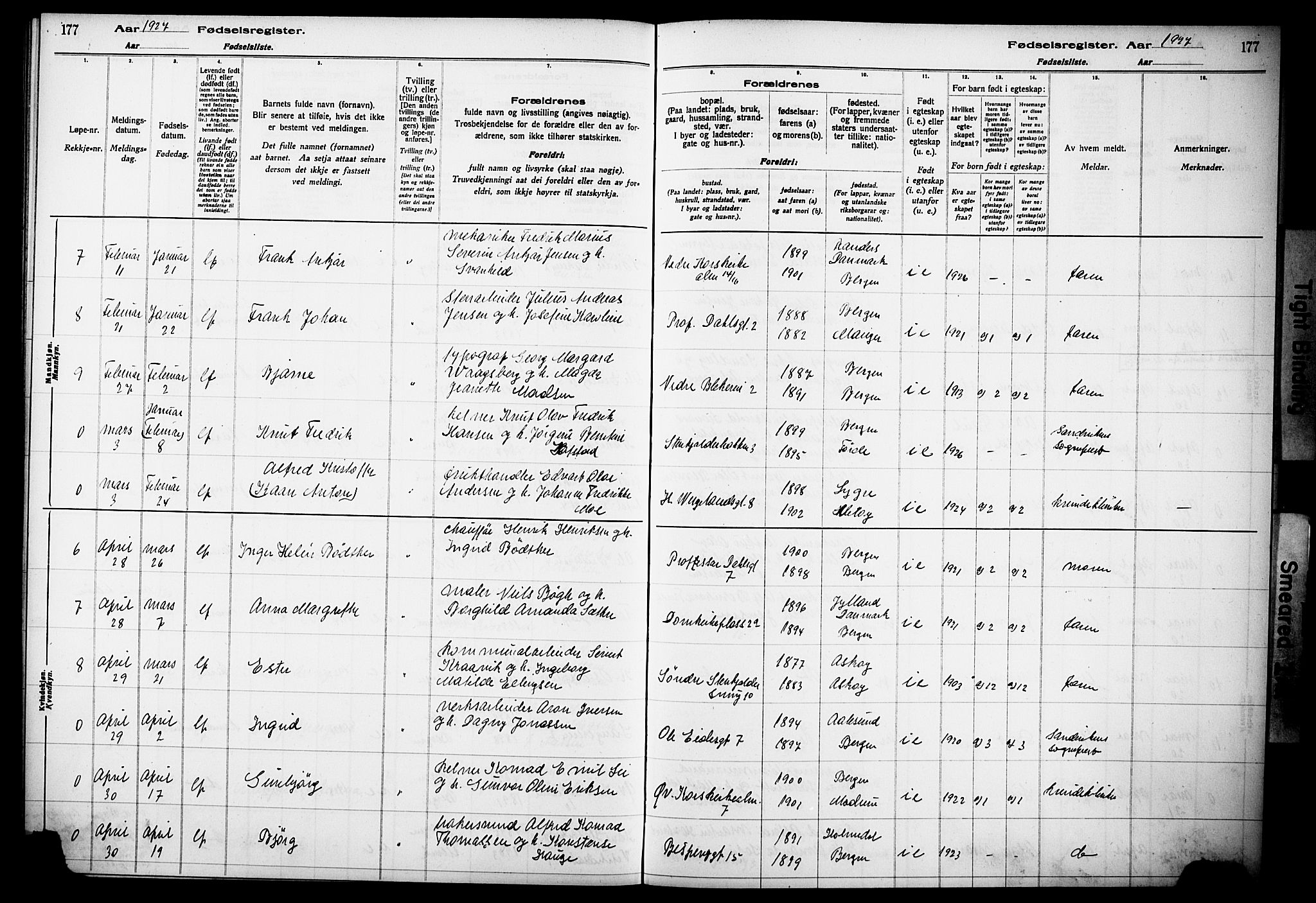 Korskirken sokneprestembete, AV/SAB-A-76101/I/Id/L00A1: Birth register no. A 1, 1916-1929, p. 177