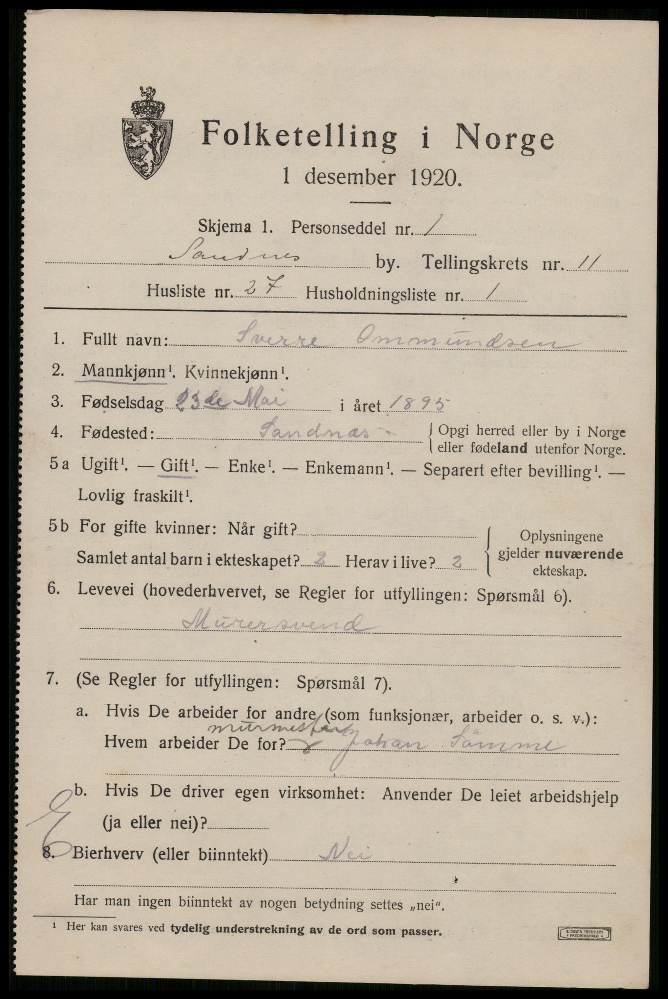 SAST, 1920 census for Sandnes, 1920, p. 7554