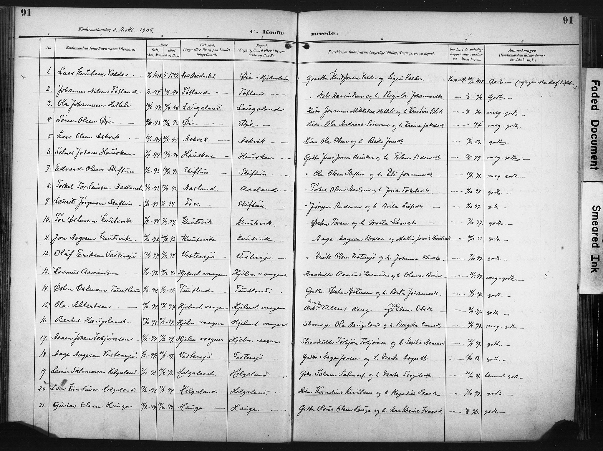 Hjelmeland sokneprestkontor, SAST/A-101843/02/A/L0002: Parish register (official) no. A 17, 1901-1916, p. 91