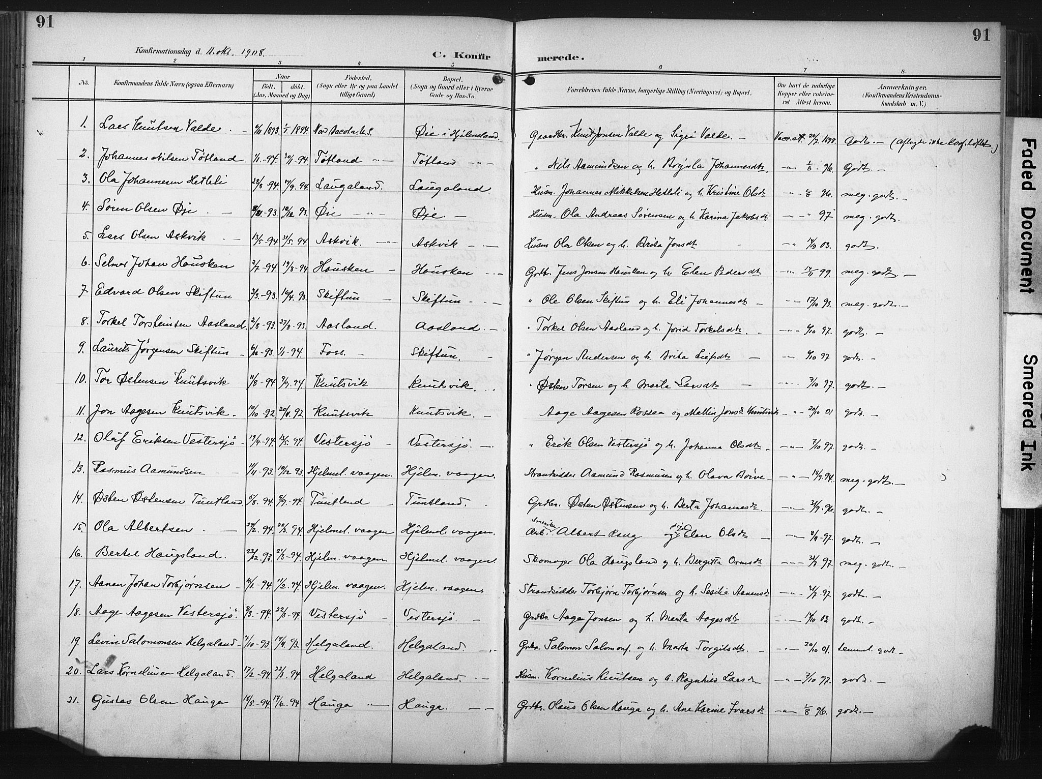 Hjelmeland sokneprestkontor, AV/SAST-A-101843/02/A/L0002: Parish register (official) no. A 17, 1901-1916, p. 91