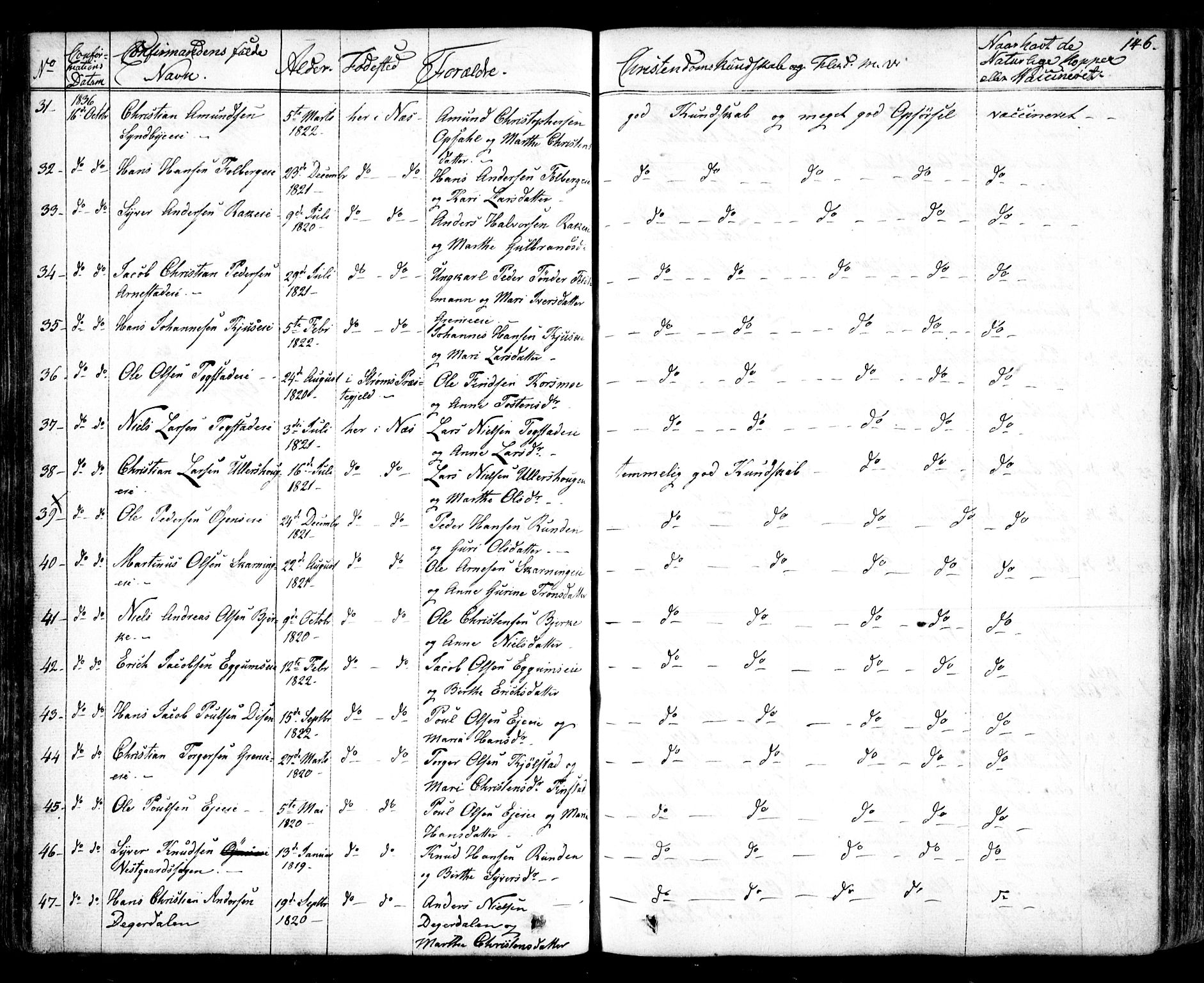 Nes prestekontor Kirkebøker, AV/SAO-A-10410/F/Fa/L0006: Parish register (official) no. I 6, 1833-1845, p. 146