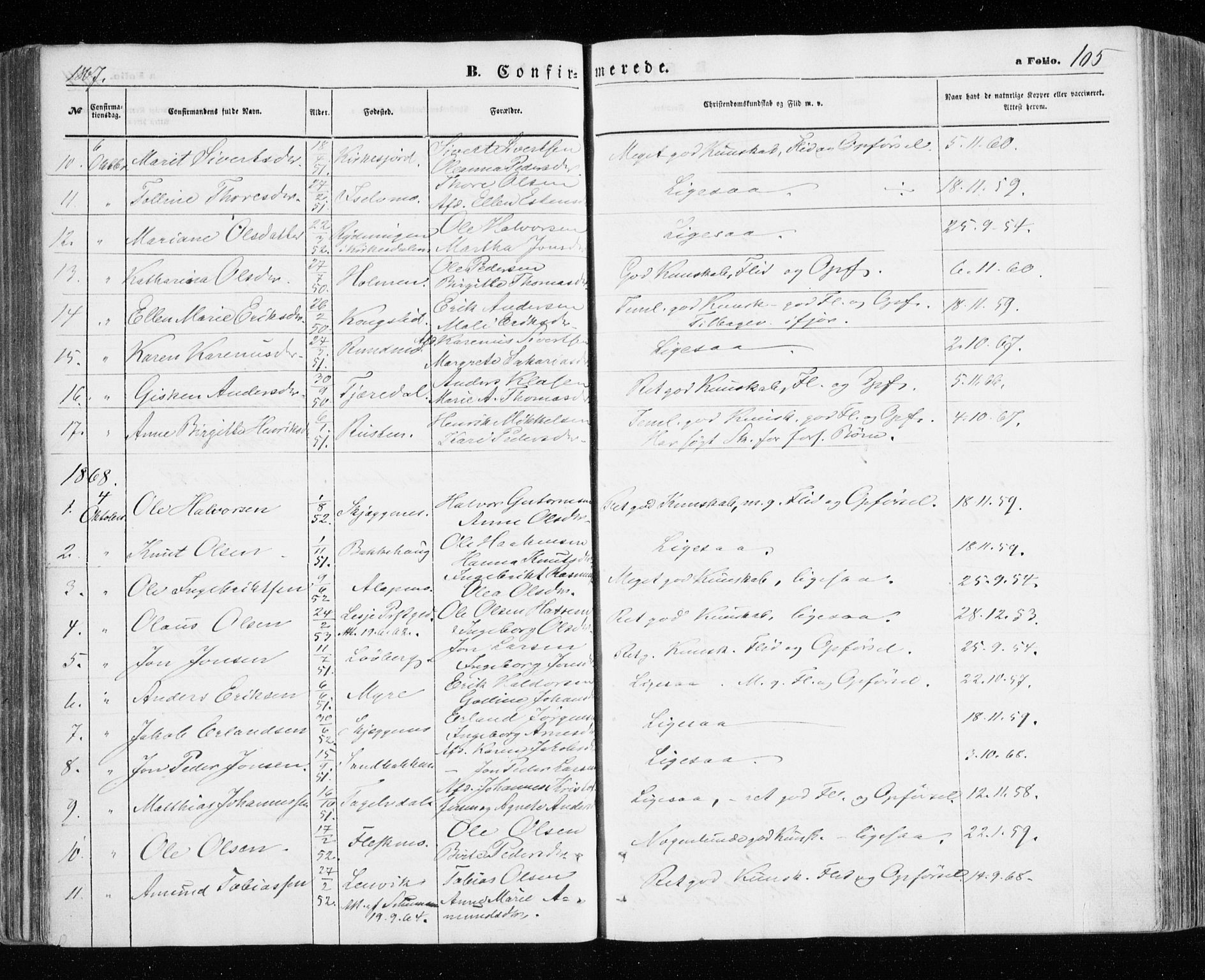 Målselv sokneprestembete, SATØ/S-1311/G/Ga/Gaa/L0004kirke: Parish register (official) no. 4, 1863-1872, p. 105
