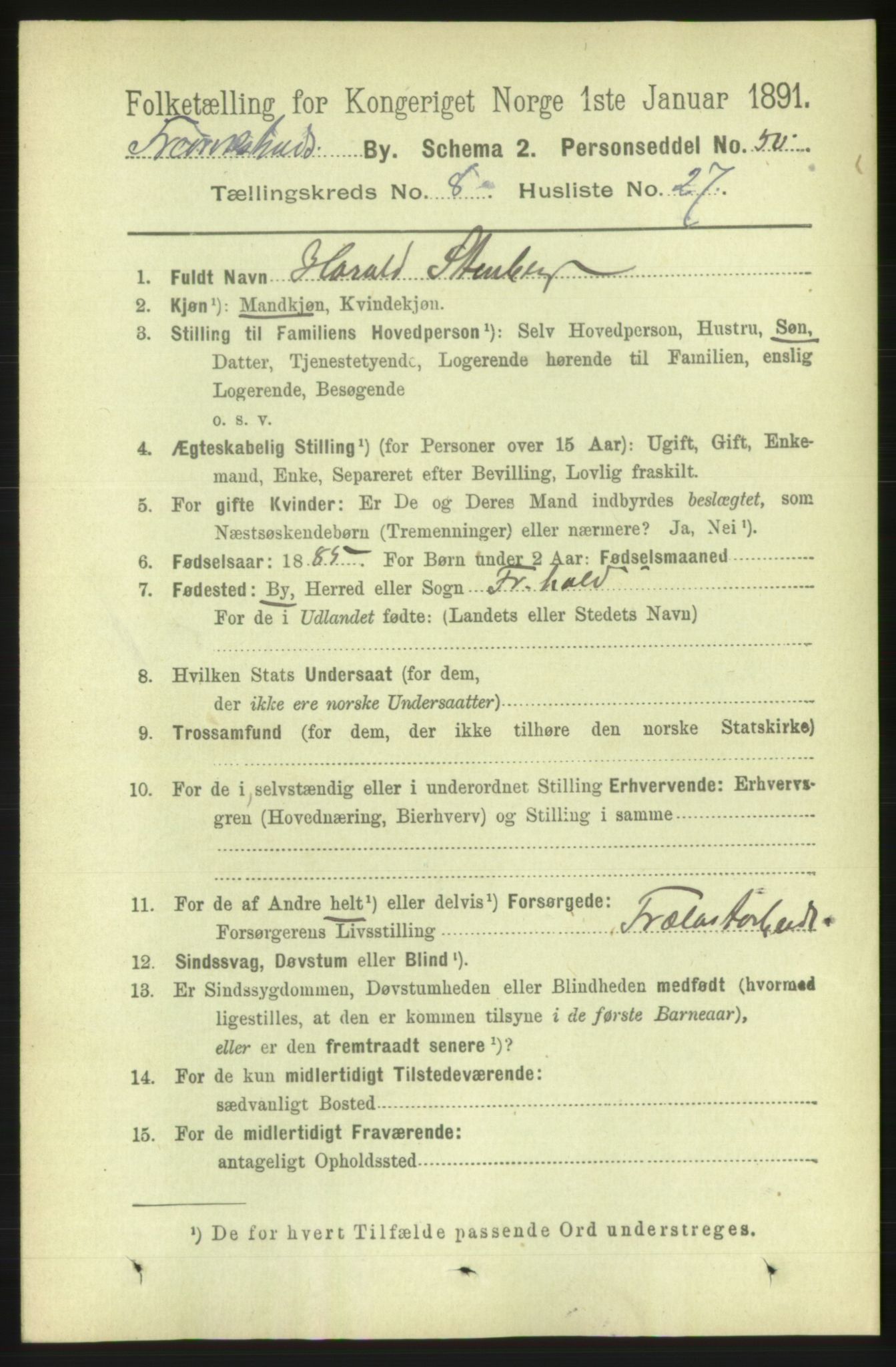 RA, 1891 census for 0101 Fredrikshald, 1891, p. 5813