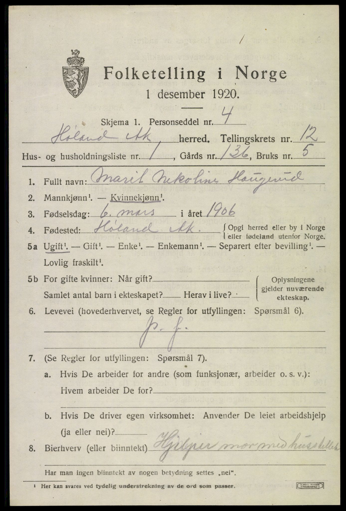 SAO, 1920 census for Høland, 1920, p. 11671