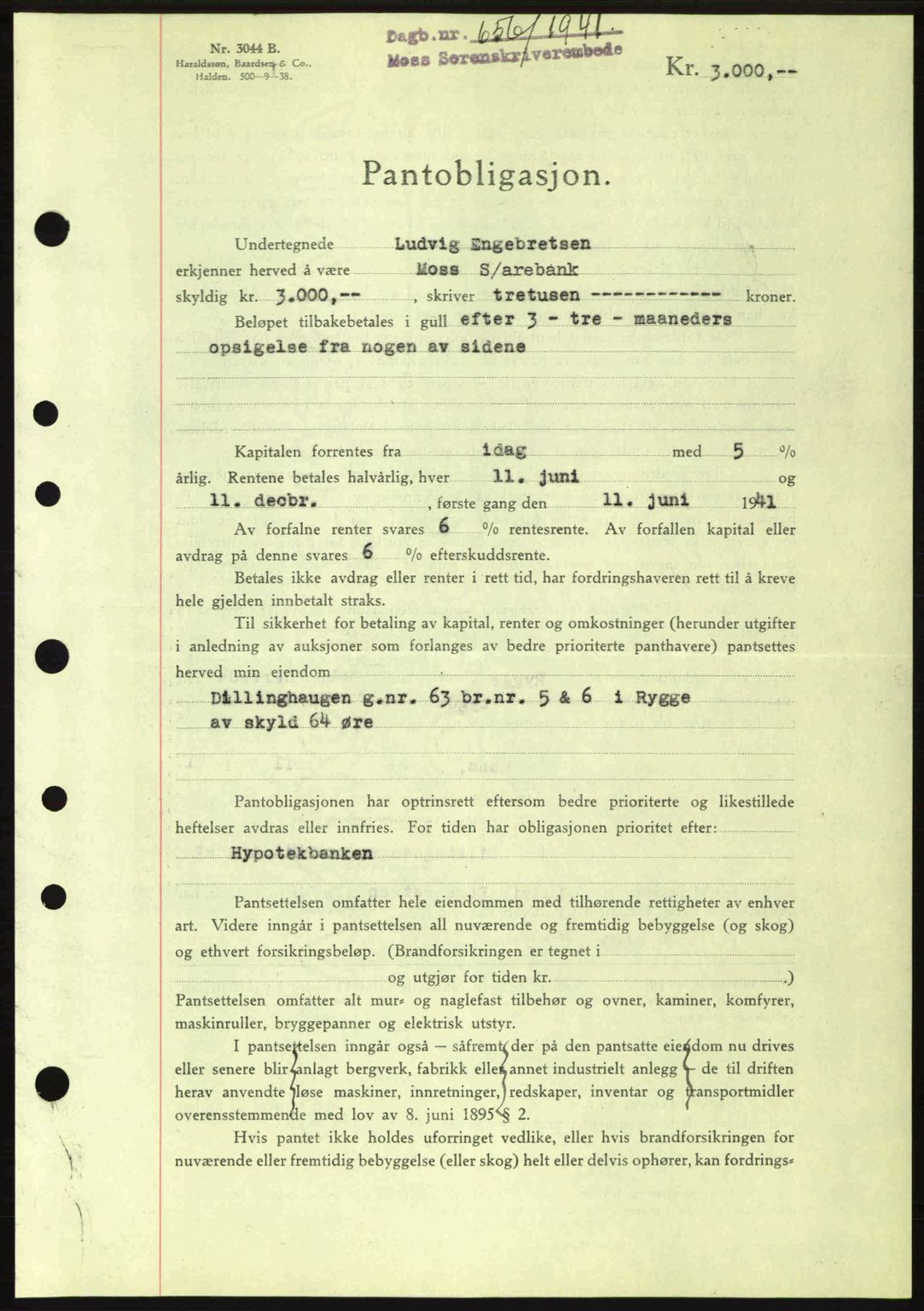 Moss sorenskriveri, SAO/A-10168: Mortgage book no. B10, 1940-1941, Diary no: : 646/1941