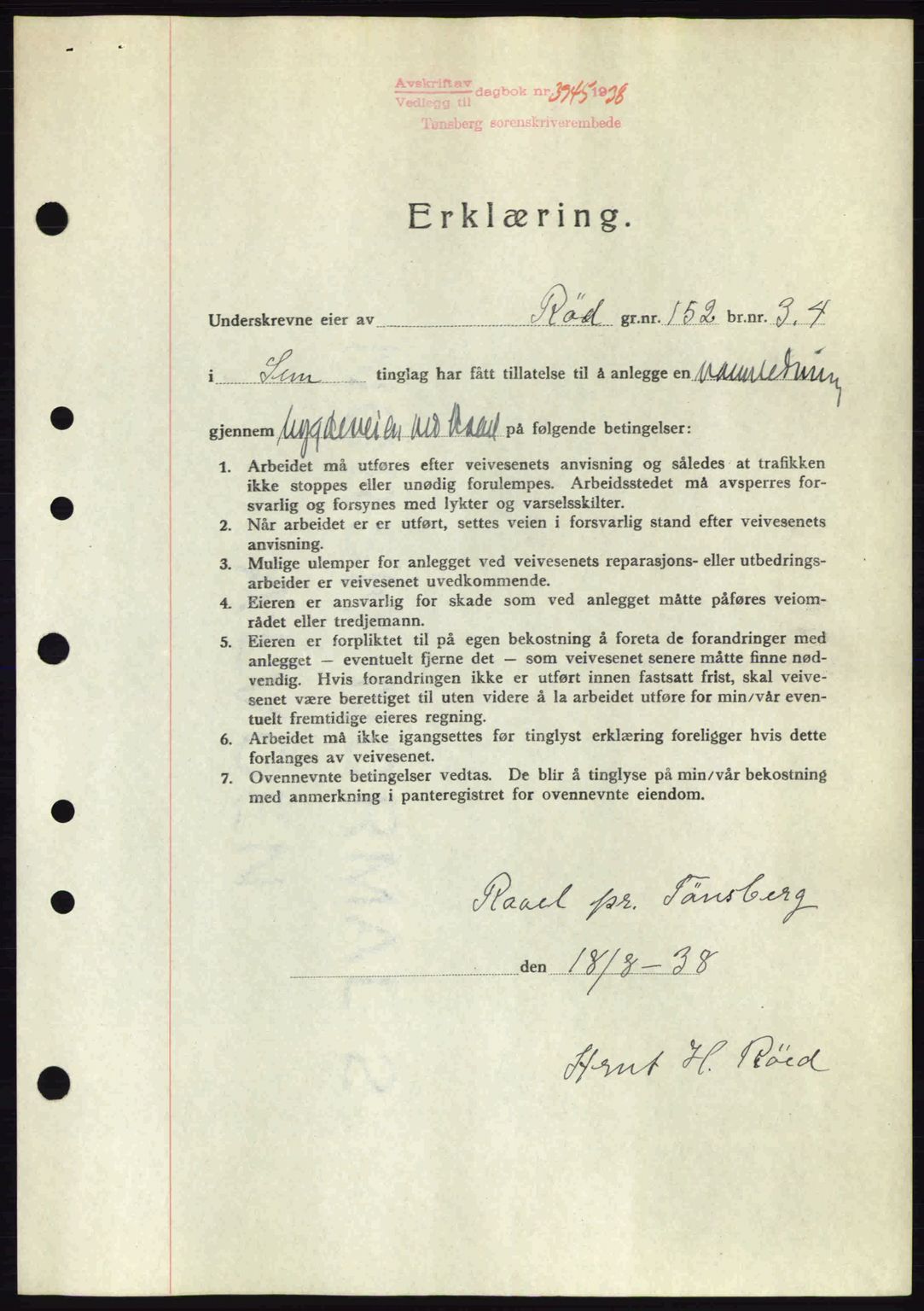 Jarlsberg sorenskriveri, SAKO/A-131/G/Ga/Gaa/L0006: Mortgage book no. A-6, 1938-1939, Diary no: : 3945/1938