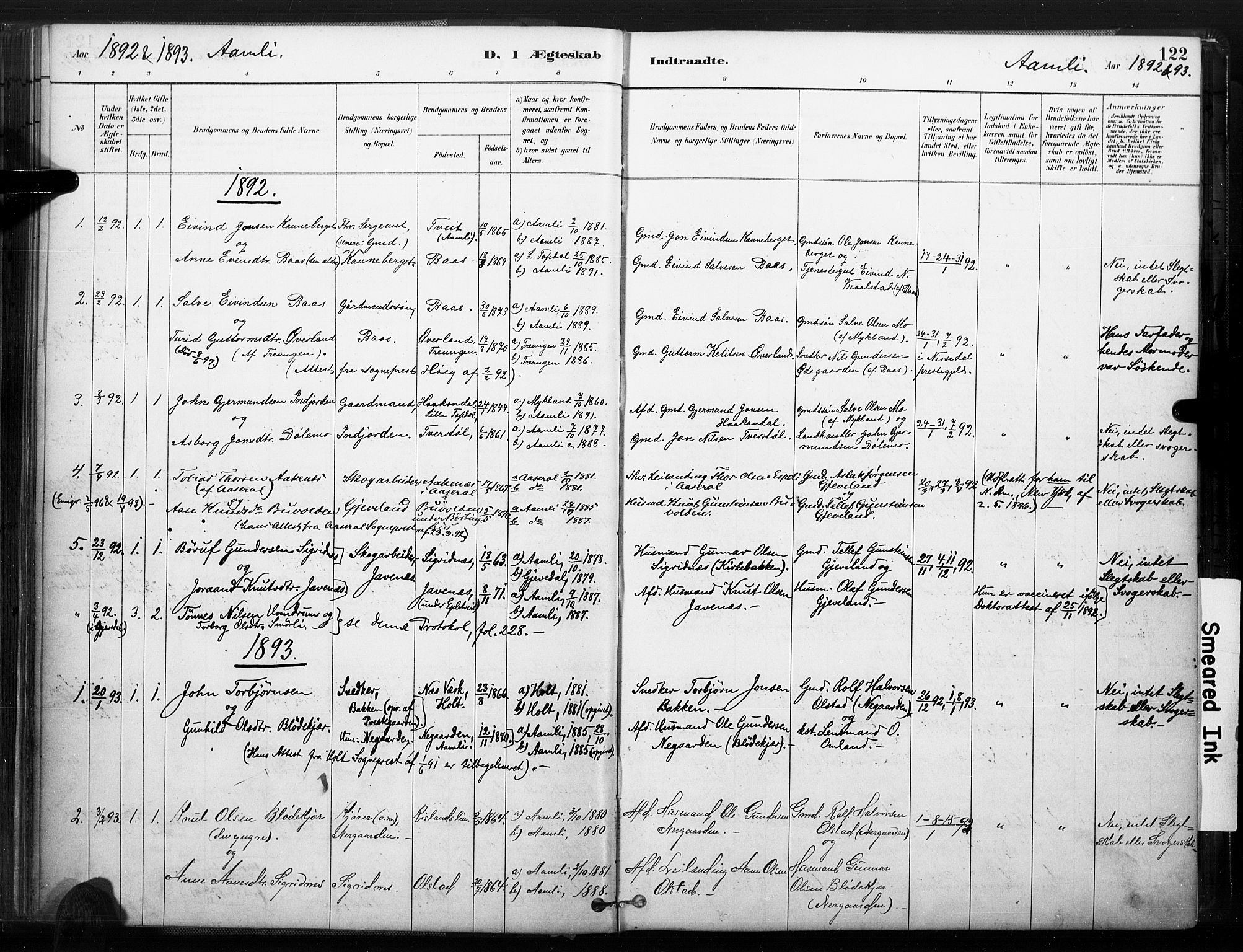 Åmli sokneprestkontor, SAK/1111-0050/F/Fa/Fac/L0010: Parish register (official) no. A 10 /1, 1885-1899, p. 122