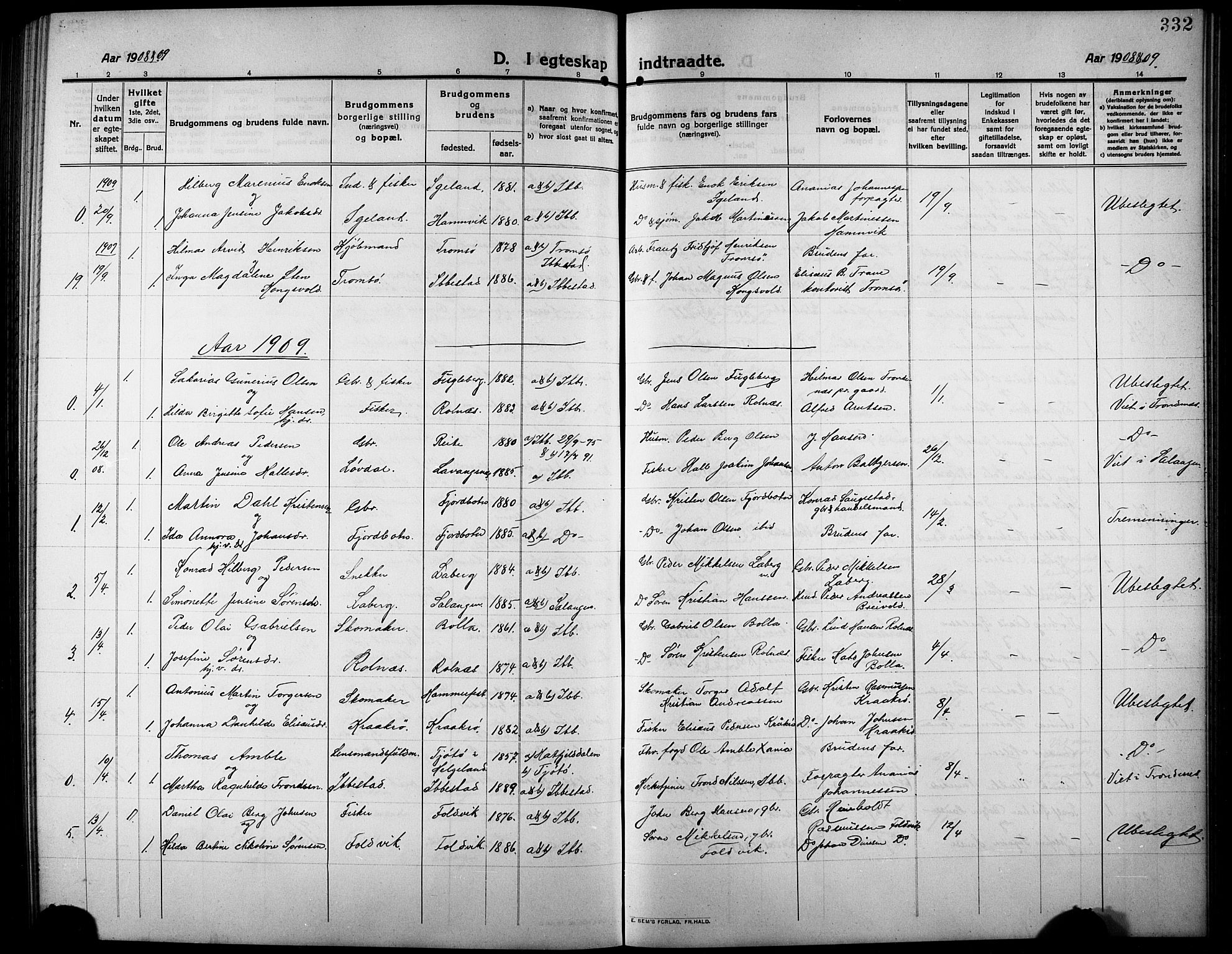 Ibestad sokneprestembete, SATØ/S-0077/H/Ha/Hab/L0009klokker: Parish register (copy) no. 9, 1902-1914, p. 332