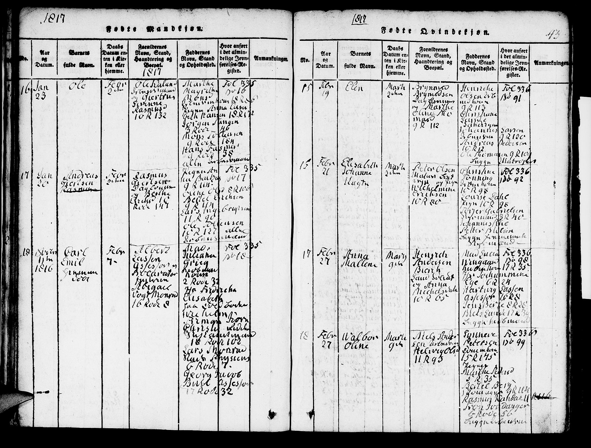 Domkirken sokneprestembete, AV/SAB-A-74801/H/Hab/L0001: Parish register (copy) no. A 1, 1816-1821, p. 43