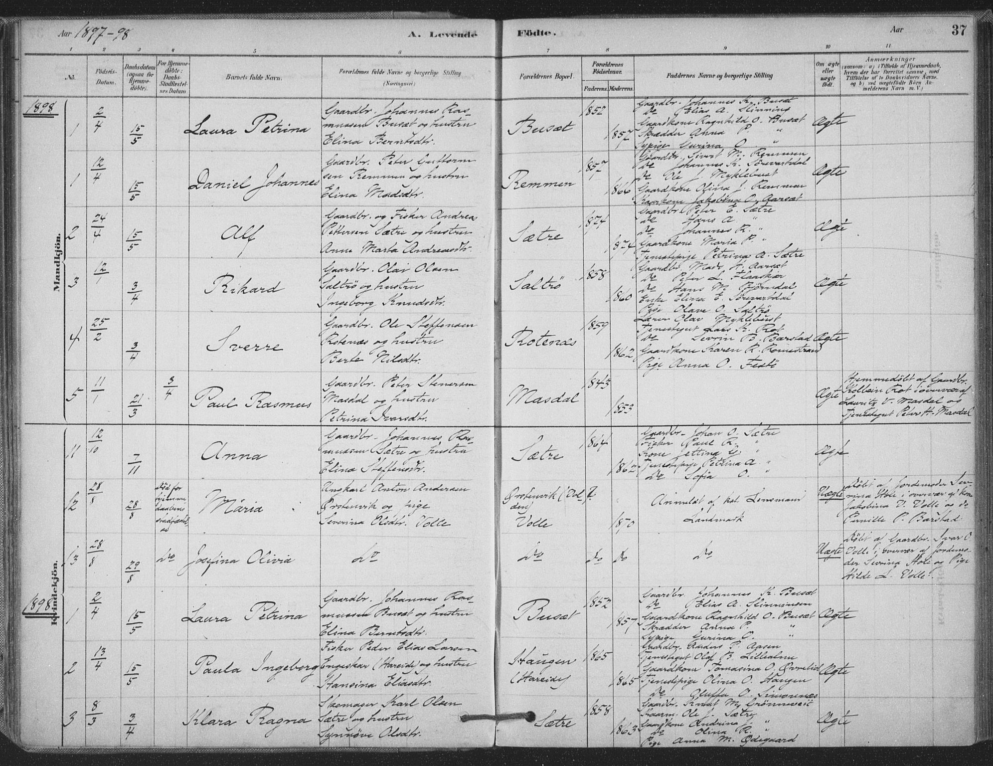 Ministerialprotokoller, klokkerbøker og fødselsregistre - Møre og Romsdal, AV/SAT-A-1454/514/L0199: Parish register (official) no. 514A01, 1878-1912, p. 37