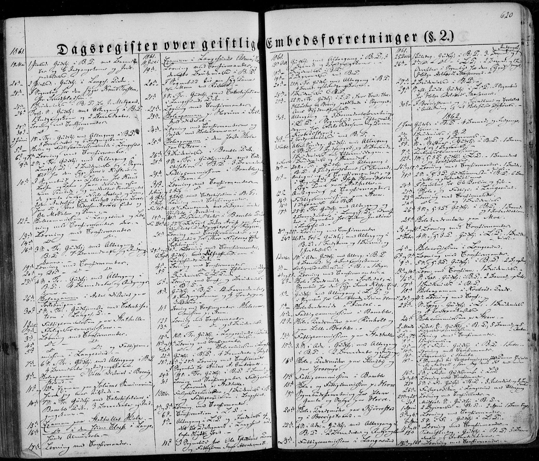 Bamble kirkebøker, SAKO/A-253/F/Fa/L0005: Parish register (official) no. I 5, 1854-1869, p. 620
