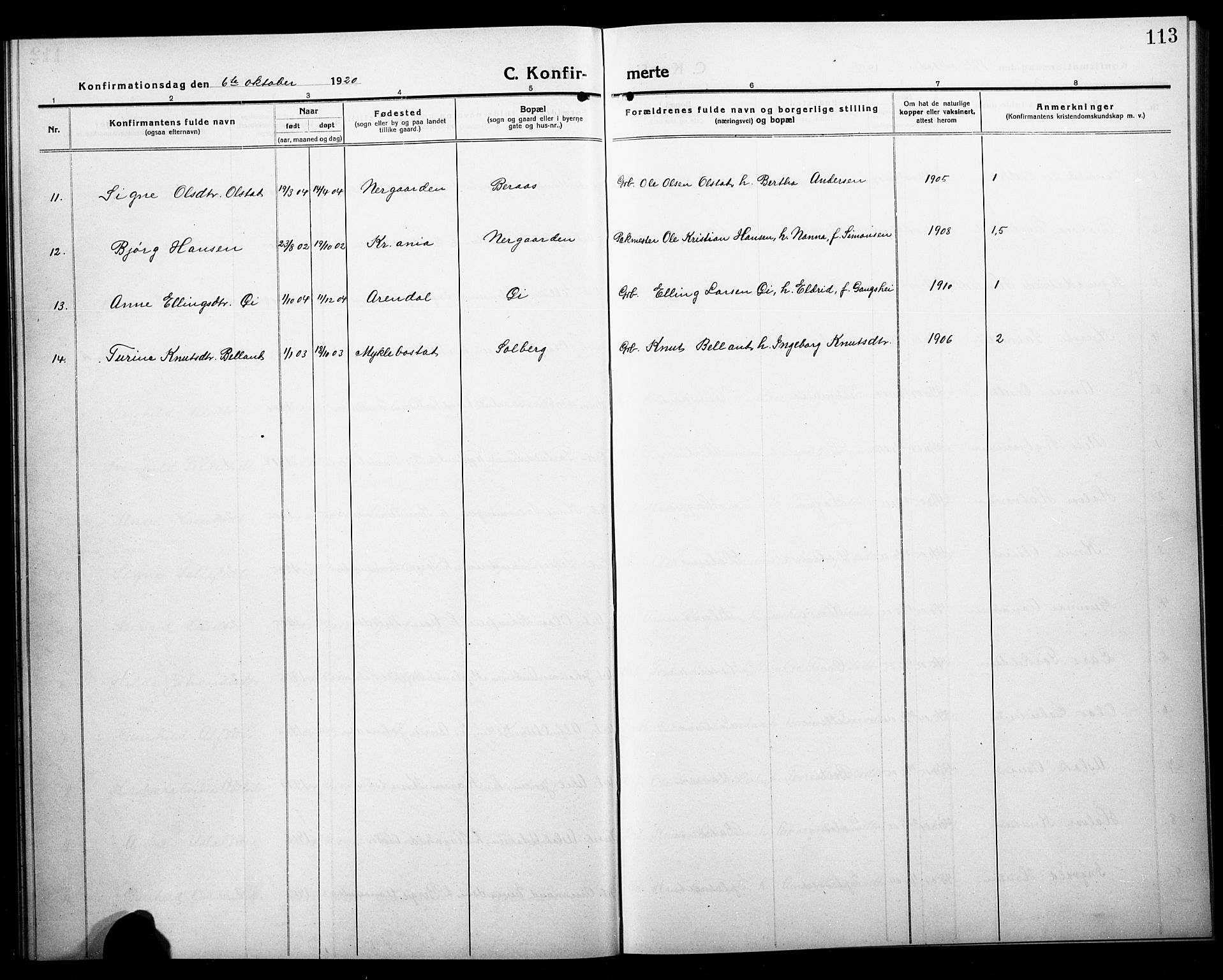 Åmli sokneprestkontor, AV/SAK-1111-0050/F/Fb/Fbc/L0006: Parish register (copy) no. B 6, 1915-1929, p. 113