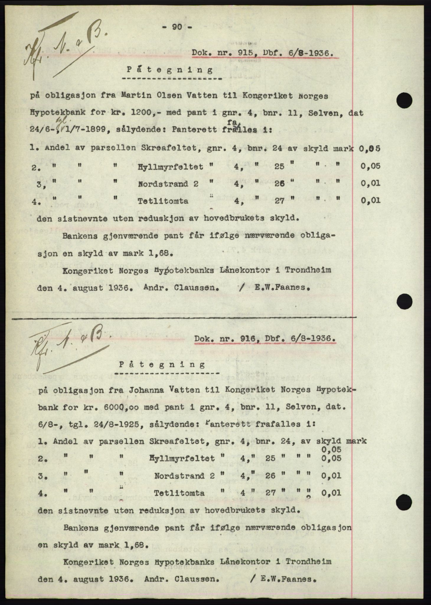 Hitra sorenskriveri, AV/SAT-A-0018/2/2C/2Ca: Mortgage book no. C1, 1936-1945, Diary no: : 915/1936