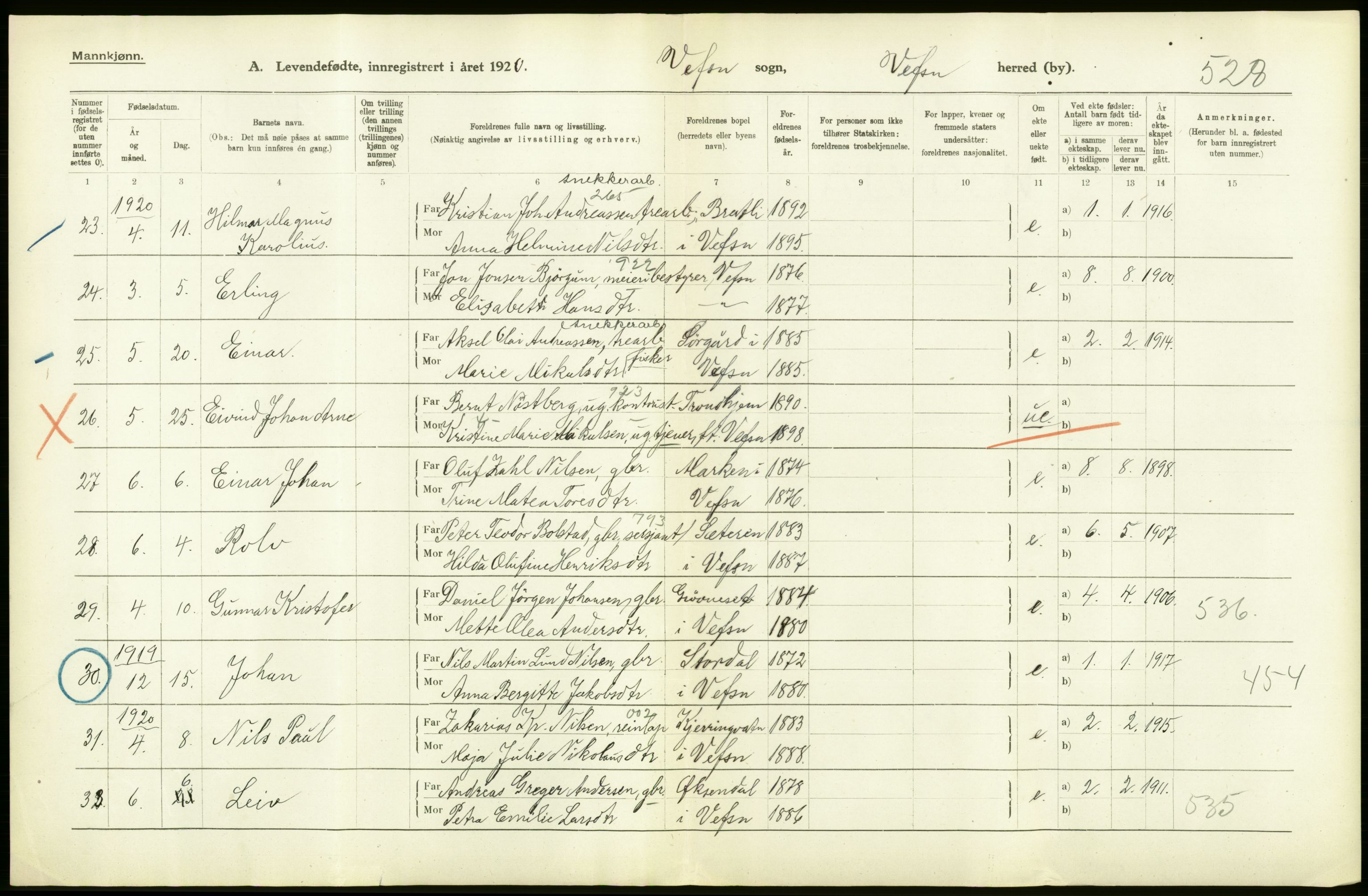 Statistisk sentralbyrå, Sosiodemografiske emner, Befolkning, AV/RA-S-2228/D/Df/Dfb/Dfbj/L0055: Nordland fylke: Levendefødte menn og kvinner. Bygder., 1920, p. 48