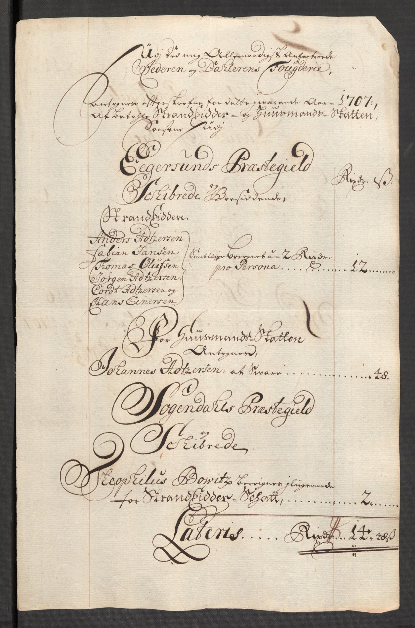 Rentekammeret inntil 1814, Reviderte regnskaper, Fogderegnskap, RA/EA-4092/R46/L2733: Fogderegnskap Jæren og Dalane, 1705-1708, p. 281