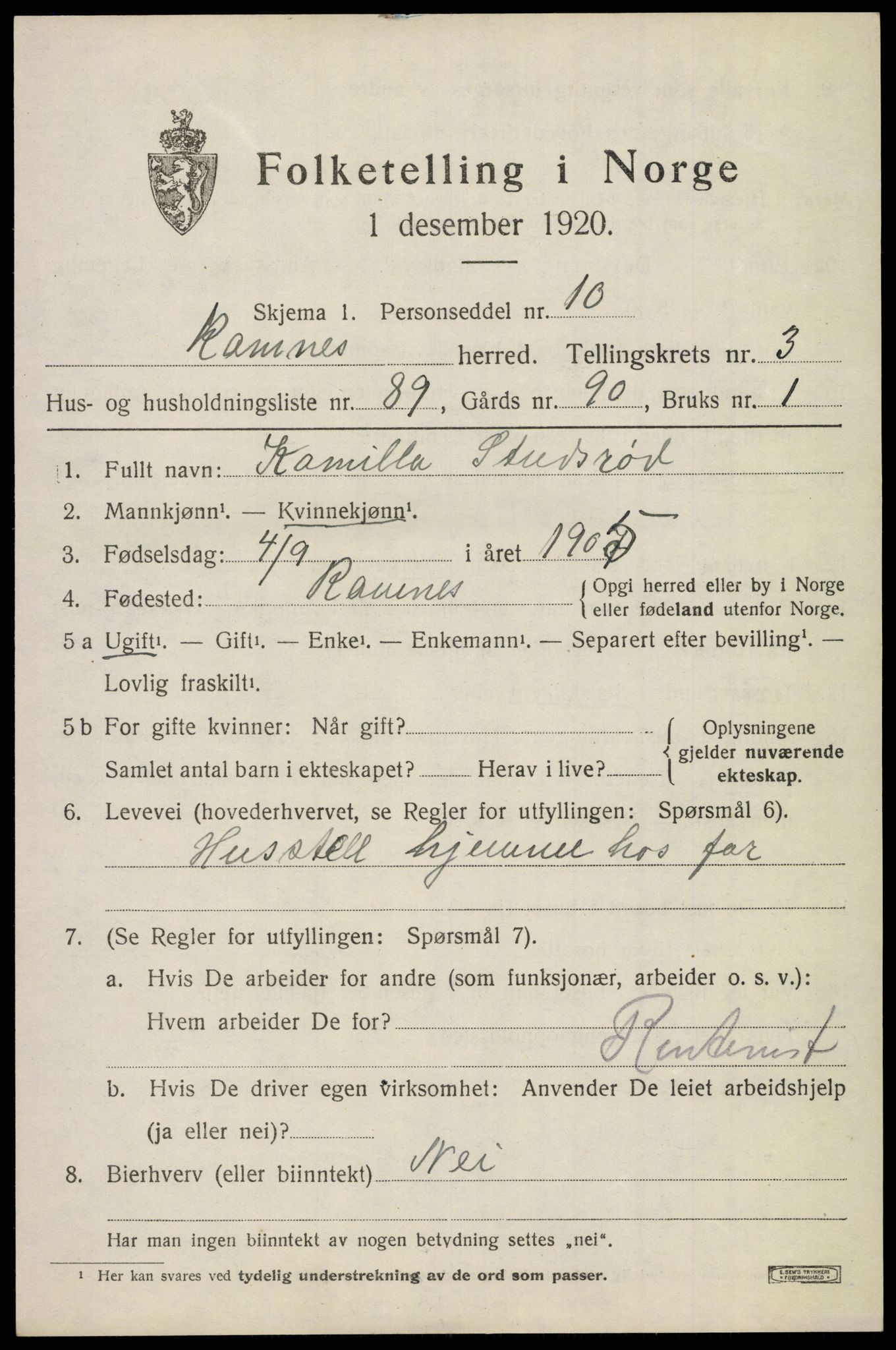 SAKO, 1920 census for Ramnes, 1920, p. 4282