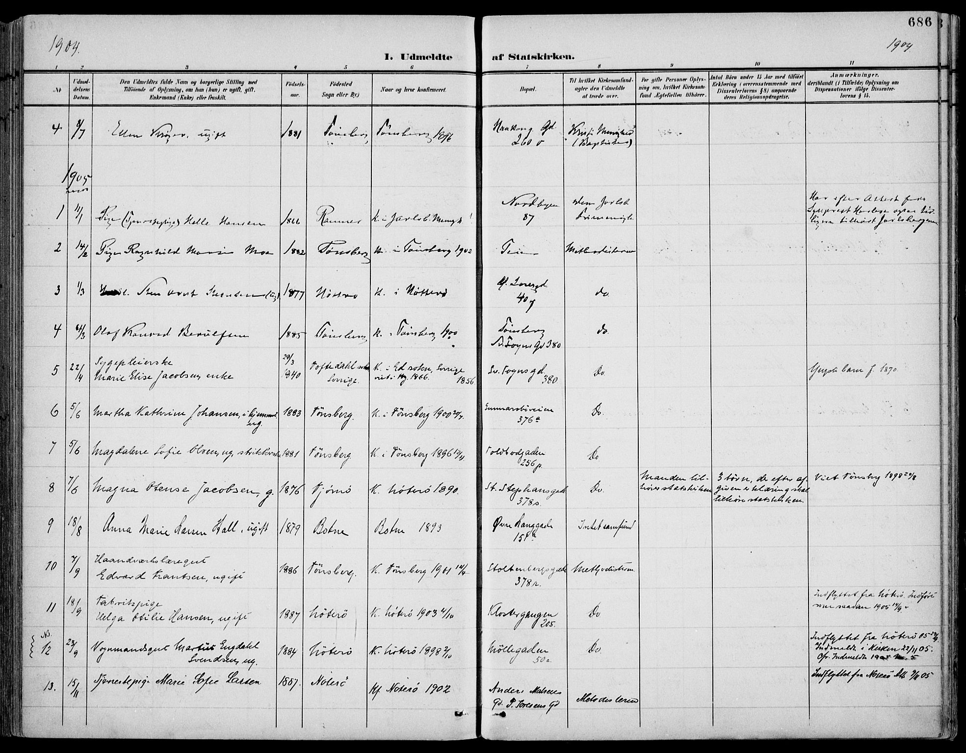 Tønsberg kirkebøker, AV/SAKO-A-330/F/Fa/L0013: Parish register (official) no. I 13, 1900-1913, p. 686