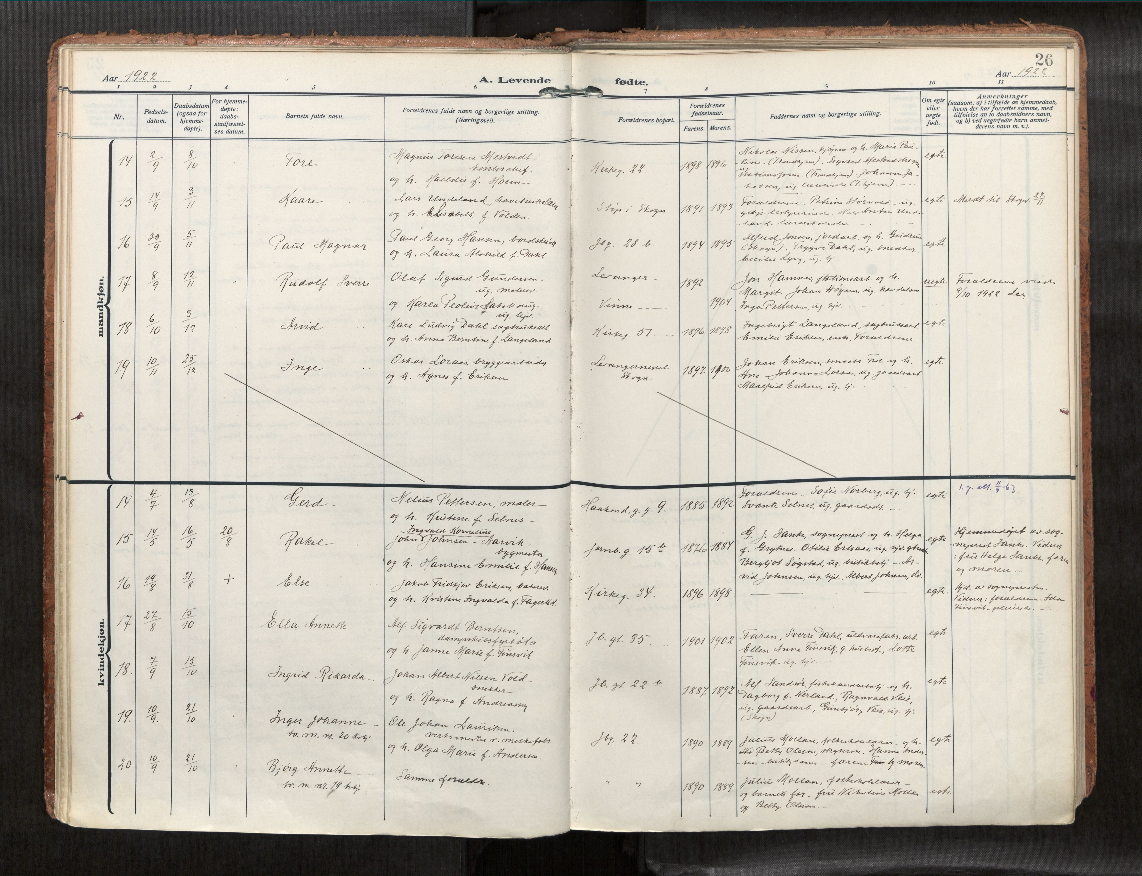 Levanger sokneprestkontor, AV/SAT-A-1301/2/H/Haa/L0001: Parish register (official) no. 1, 1912-1932, p. 26