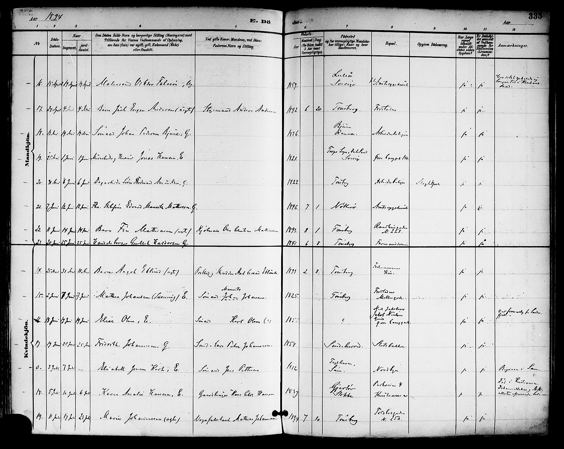 Tønsberg kirkebøker, SAKO/A-330/F/Fa/L0012: Parish register (official) no. I 12, 1891-1899, p. 335