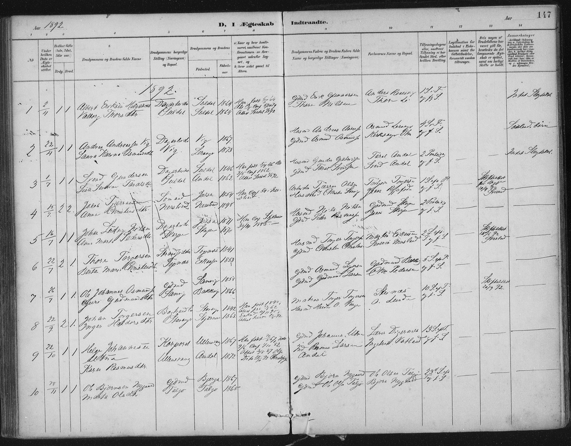 Nedstrand sokneprestkontor, SAST/A-101841/01/IV: Parish register (official) no. A 12, 1887-1915, p. 147