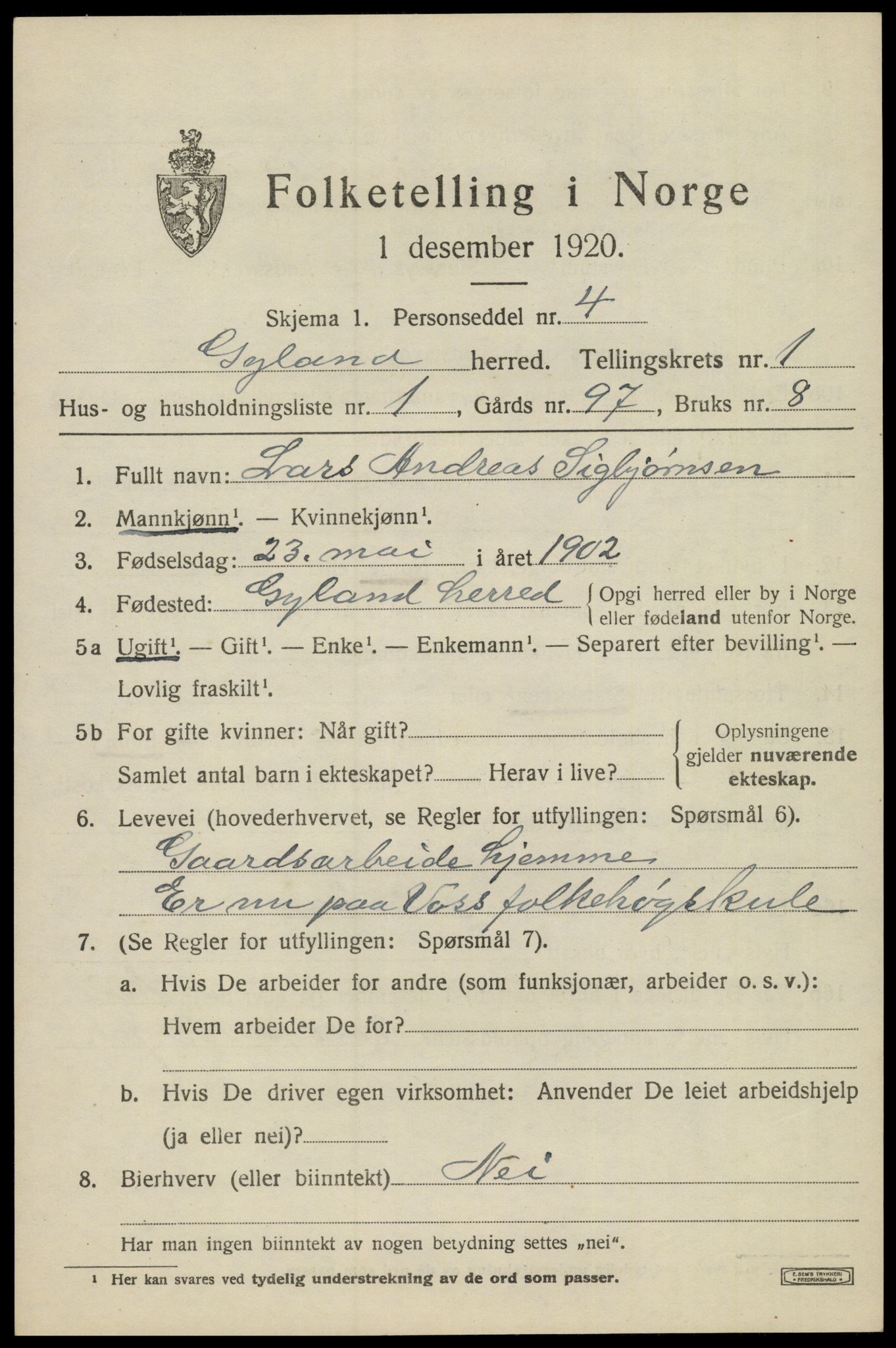 SAK, 1920 census for Gyland, 1920, p. 458