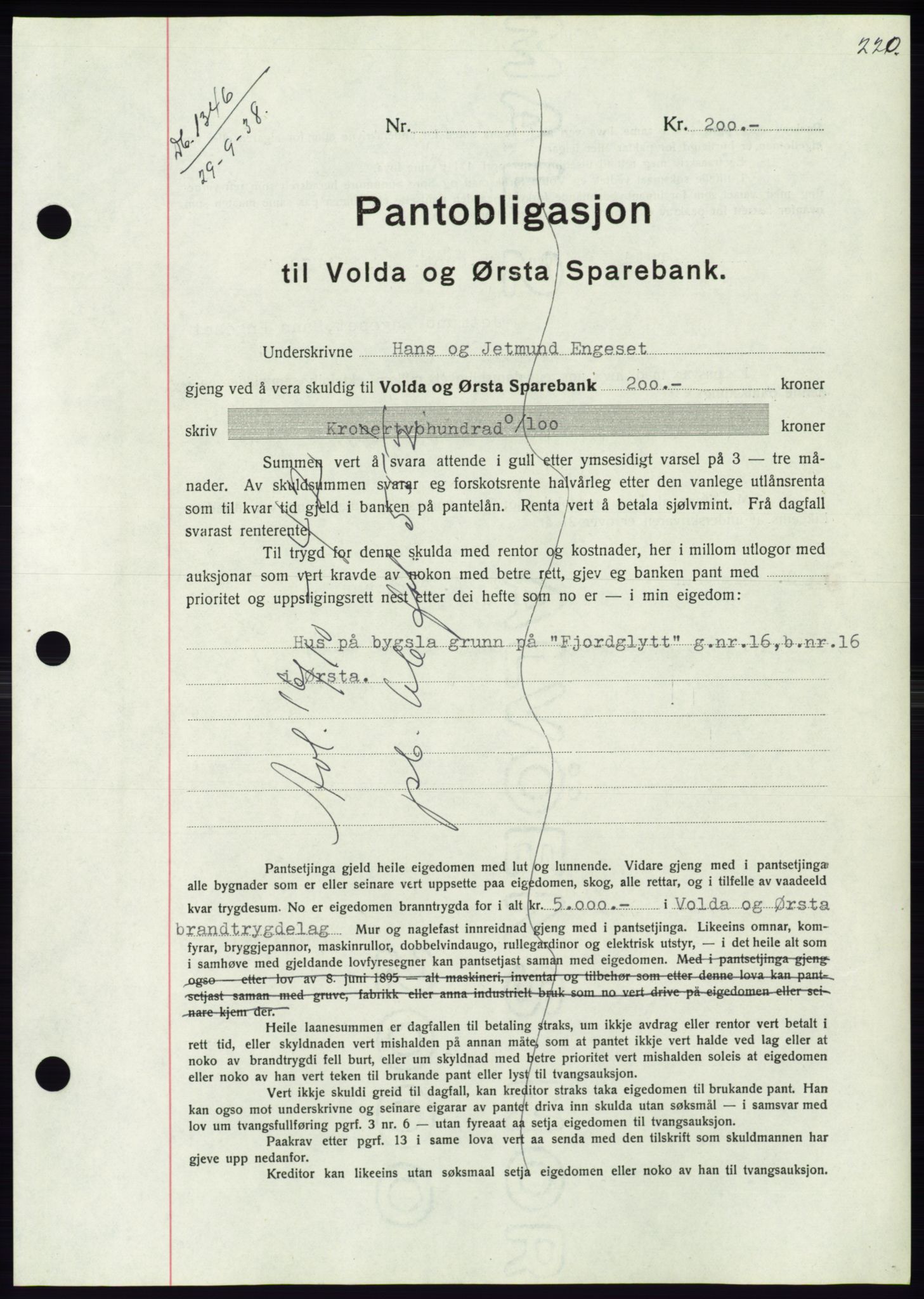 Søre Sunnmøre sorenskriveri, AV/SAT-A-4122/1/2/2C/L0066: Mortgage book no. 60, 1938-1938, Diary no: : 1346/1938