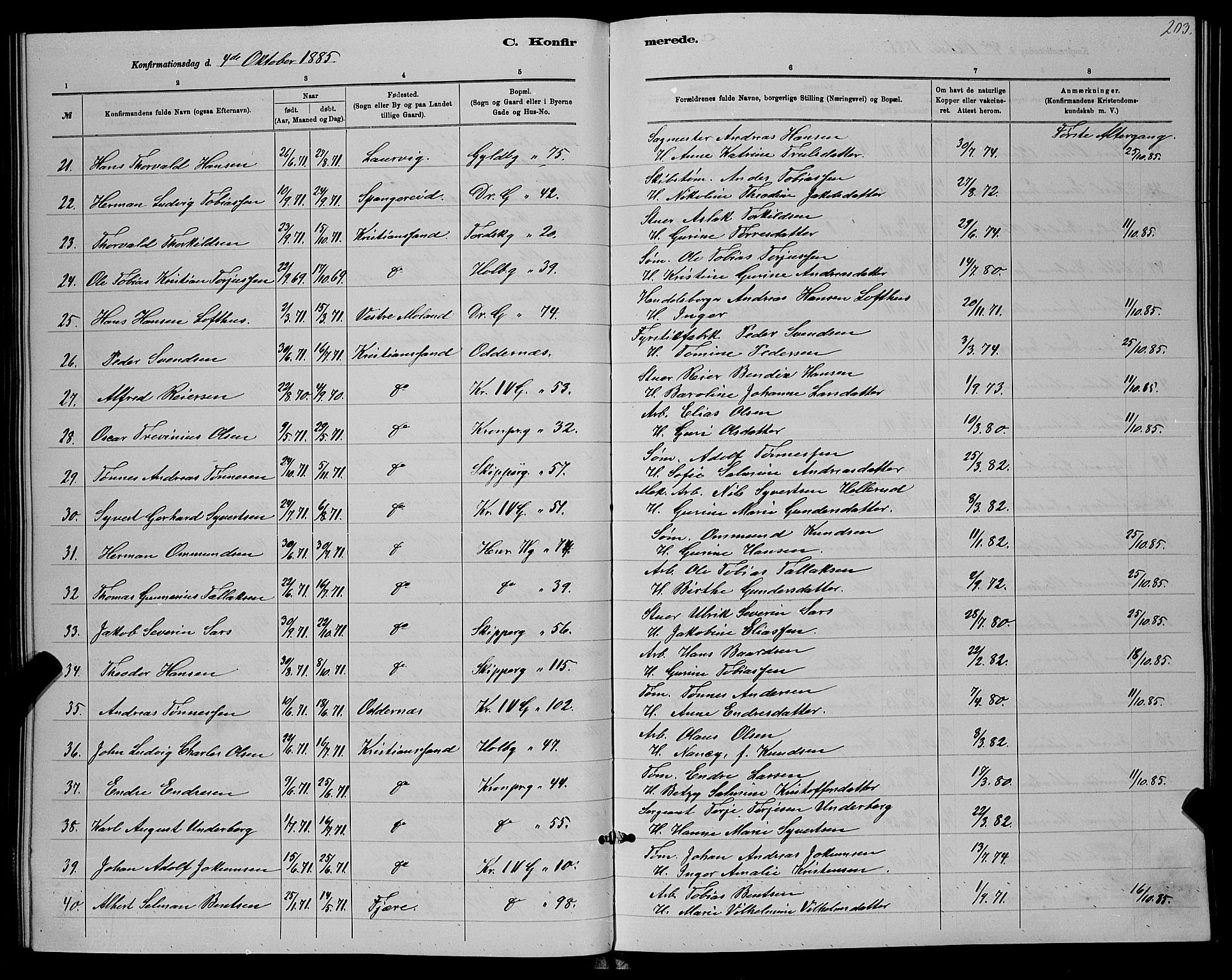 Kristiansand domprosti, AV/SAK-1112-0006/F/Fb/L0016: Parish register (copy) no. B 16, 1881-1893, p. 203