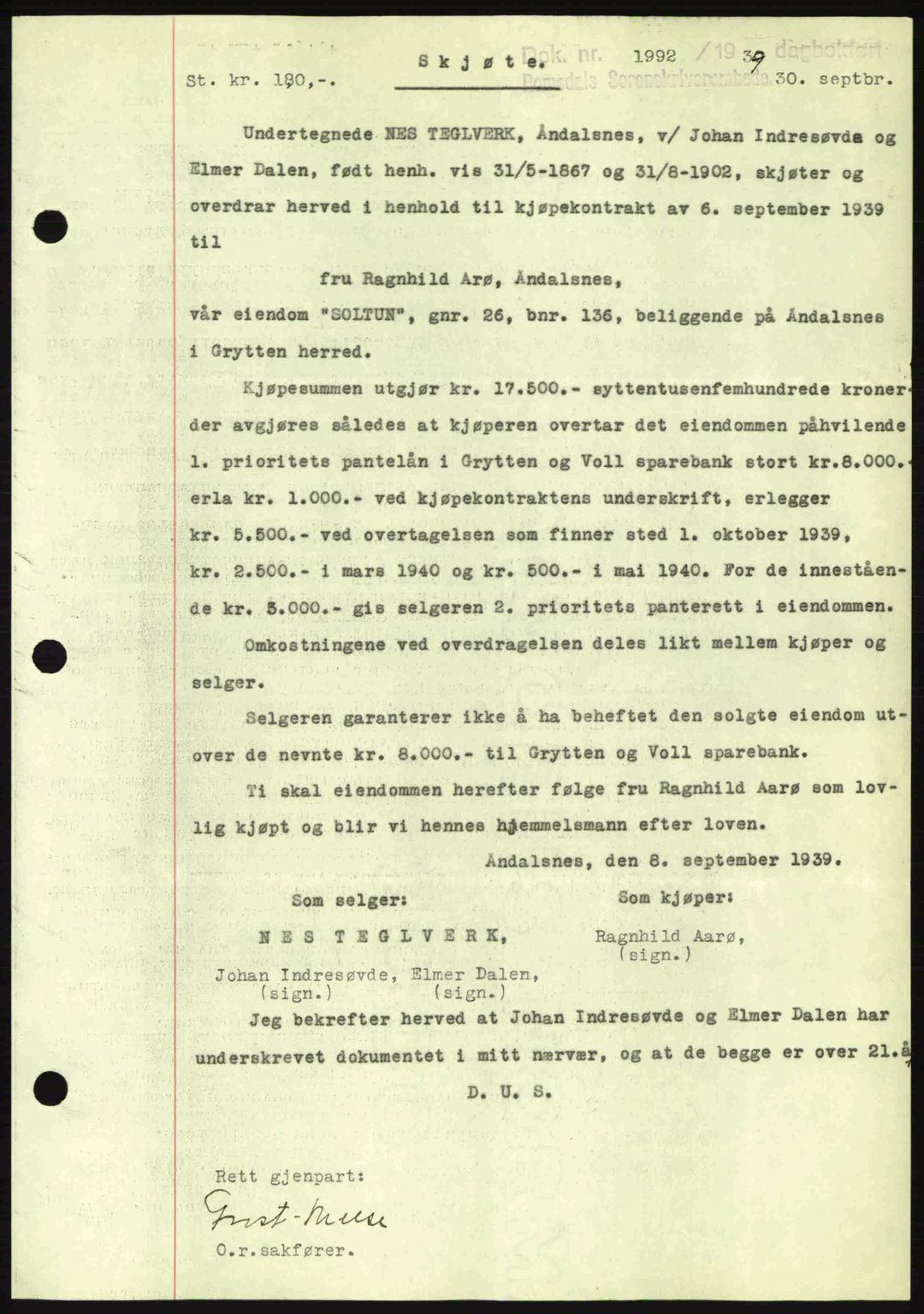 Romsdal sorenskriveri, AV/SAT-A-4149/1/2/2C: Mortgage book no. A7, 1939-1939, Diary no: : 1992/1939