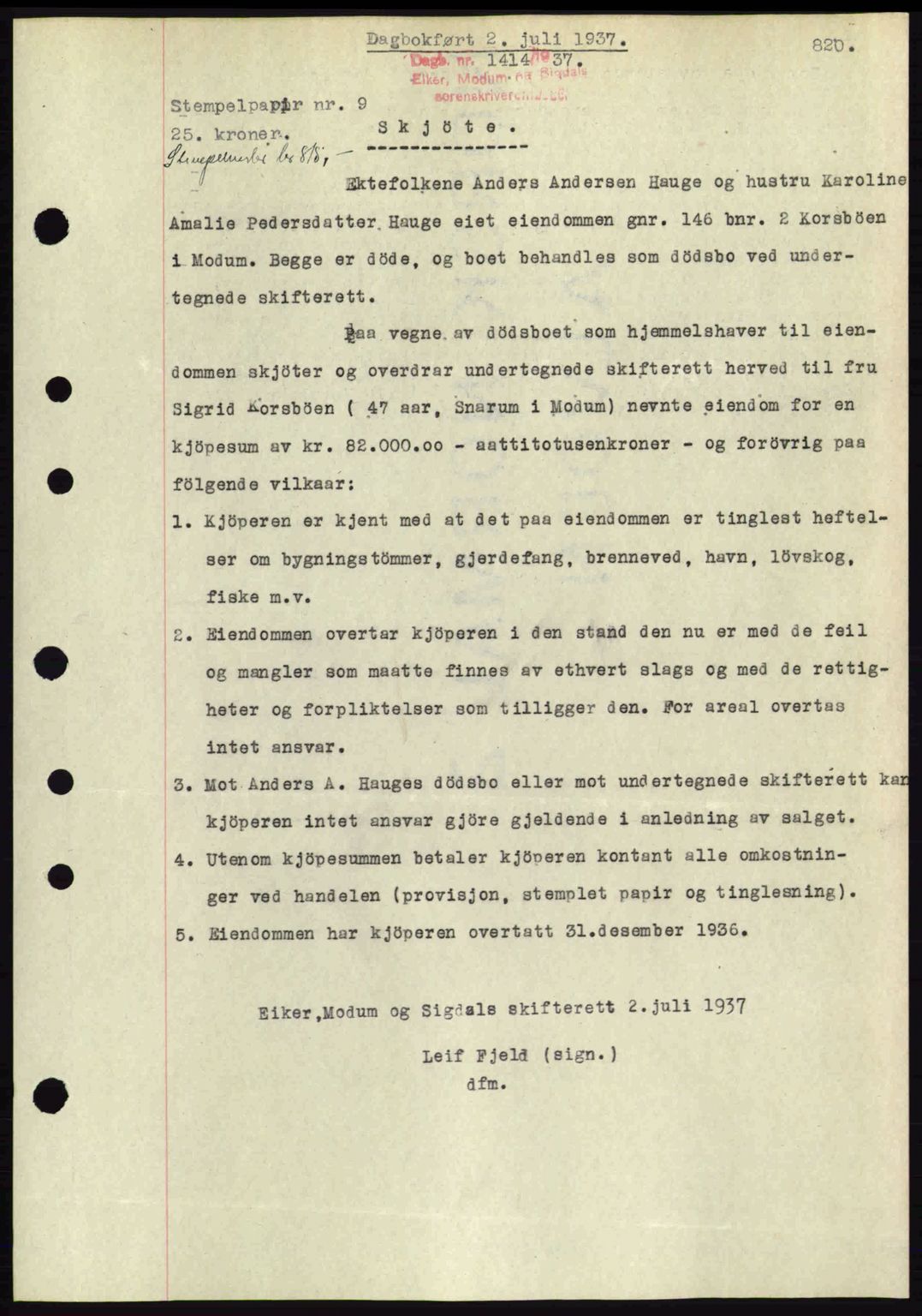 Eiker, Modum og Sigdal sorenskriveri, SAKO/A-123/G/Ga/Gab/L0035: Mortgage book no. A5, 1937-1937, Diary no: : 1414/1937