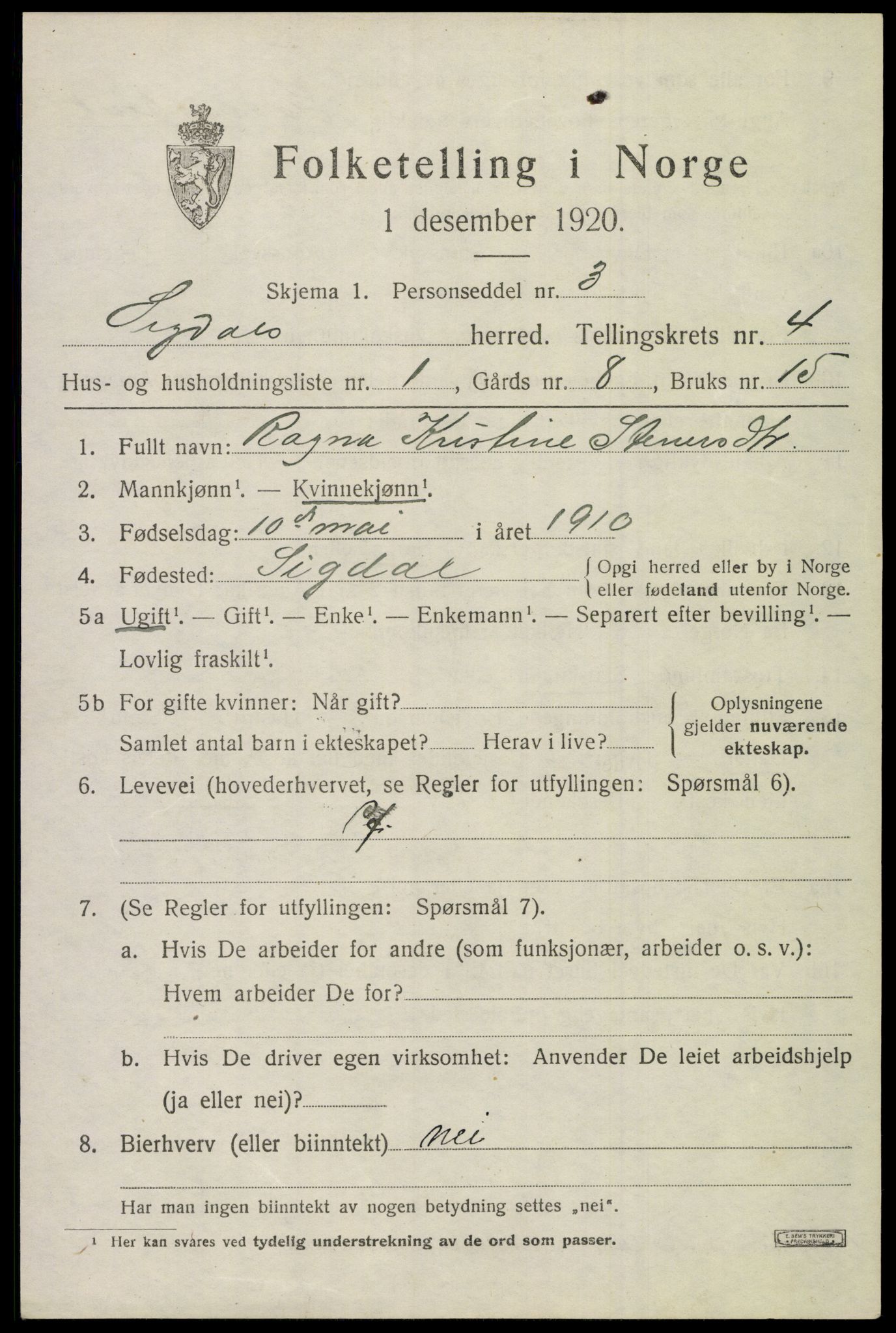 SAKO, 1920 census for Sigdal, 1920, p. 3158