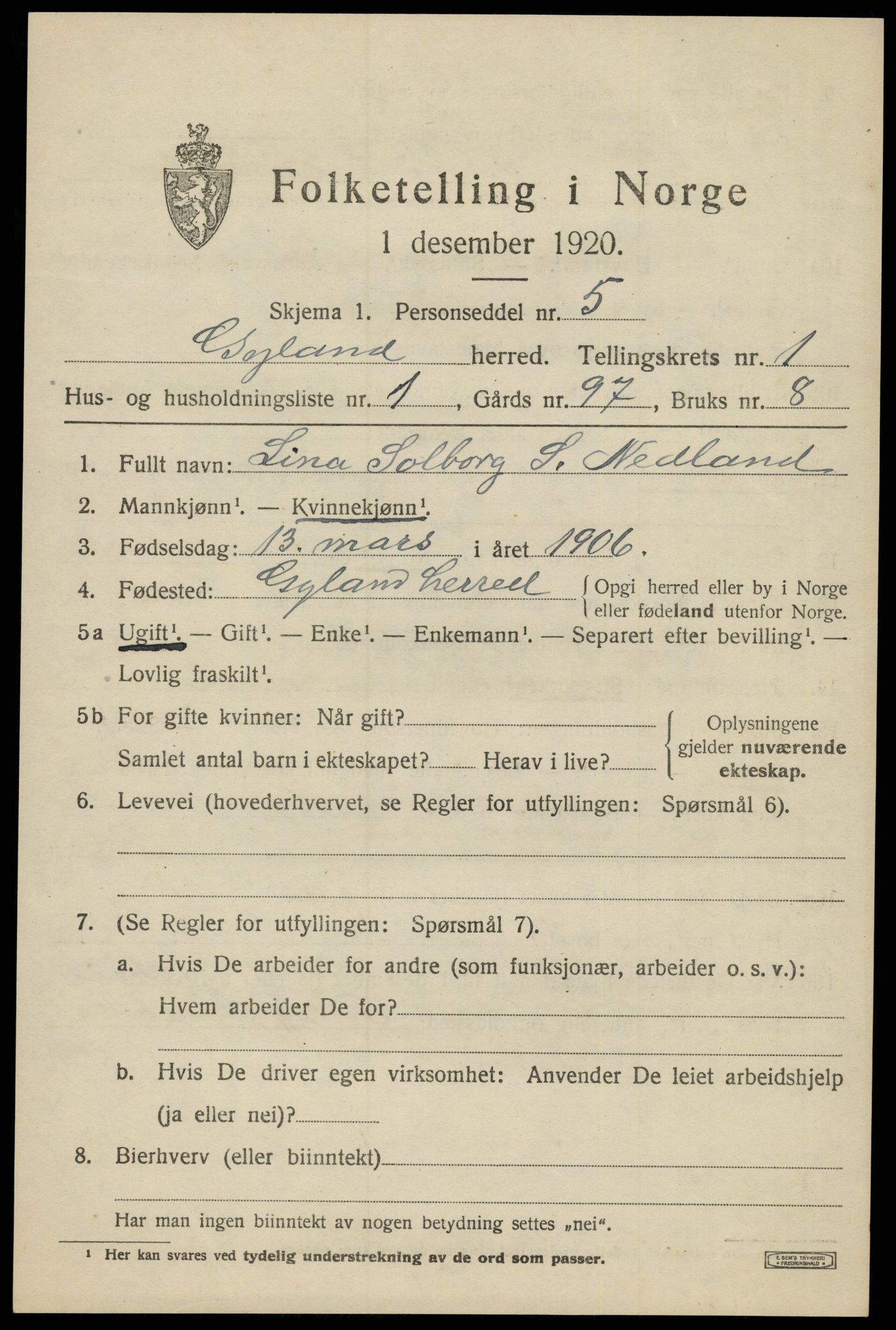 SAK, 1920 census for Gyland, 1920, p. 460