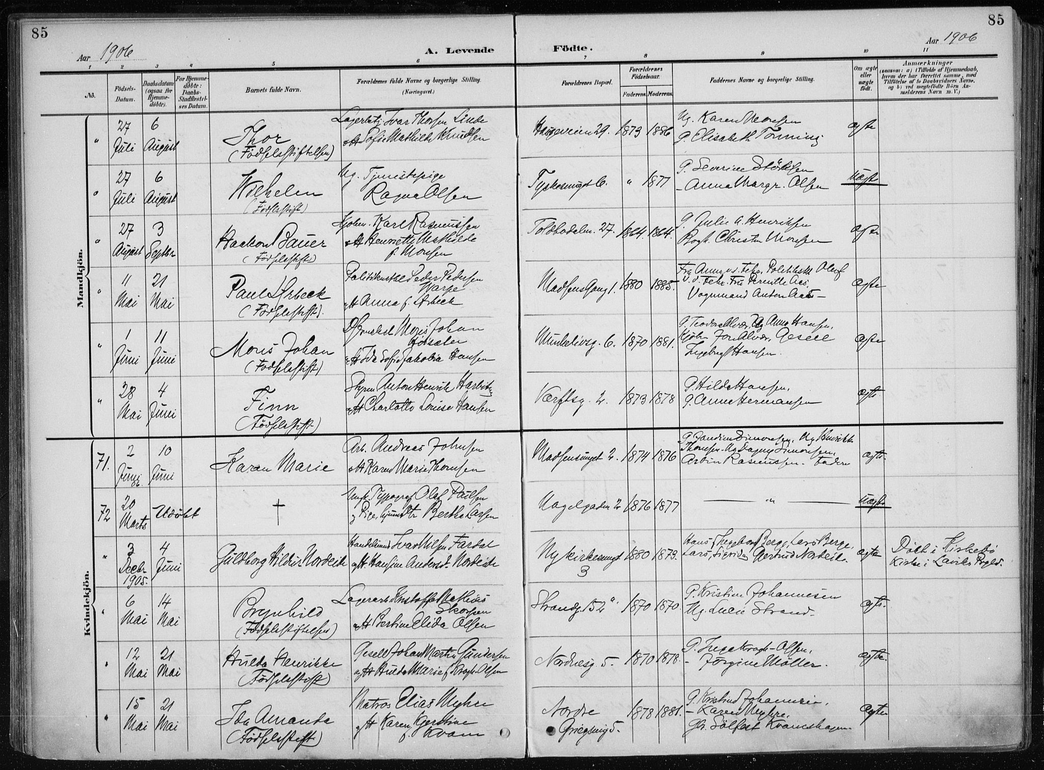 Nykirken Sokneprestembete, AV/SAB-A-77101/H/Haa/L0019: Parish register (official) no. B 7, 1904-1916, p. 85