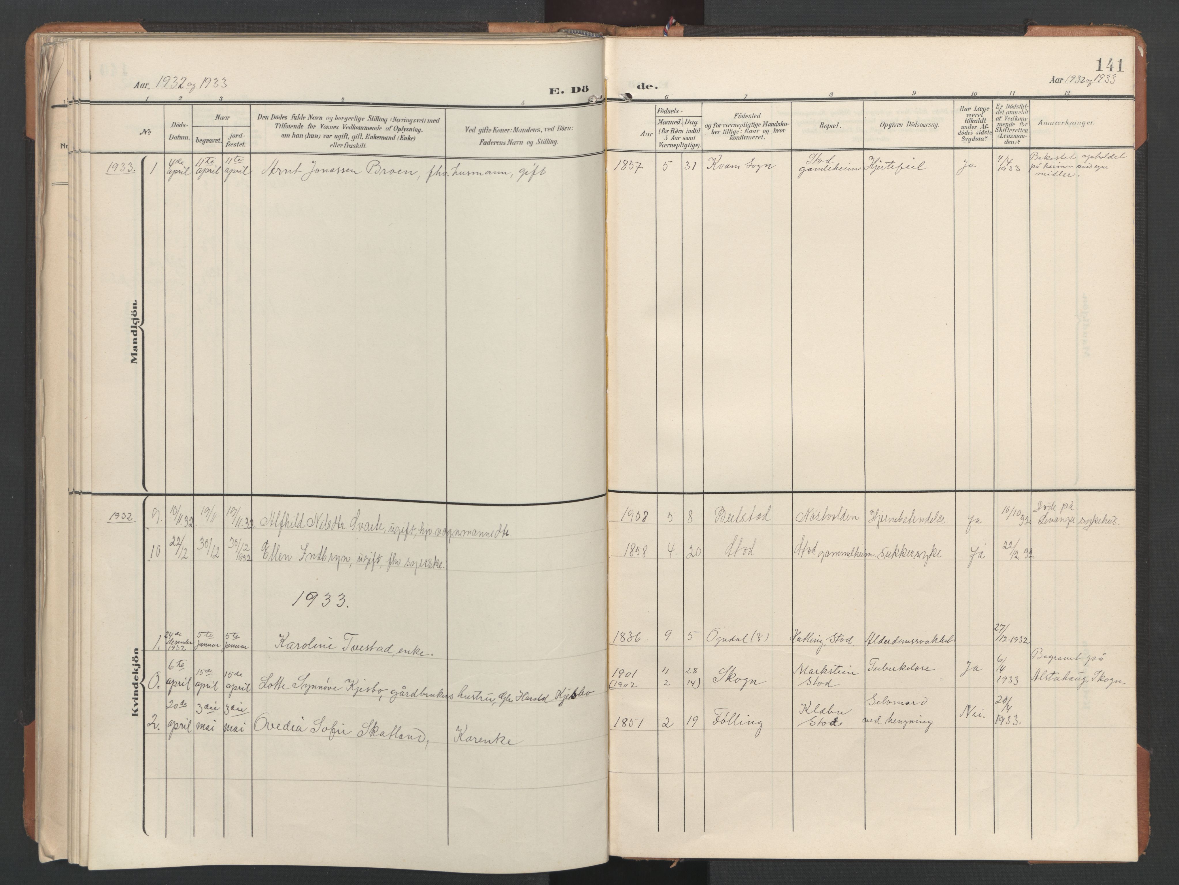 Ministerialprotokoller, klokkerbøker og fødselsregistre - Nord-Trøndelag, SAT/A-1458/746/L0455: Parish register (copy) no. 746C01, 1908-1933, p. 141