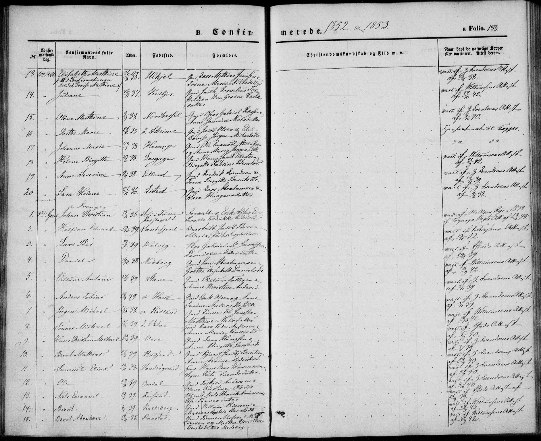 Lista sokneprestkontor, AV/SAK-1111-0027/F/Fb/L0002: Parish register (copy) no. B 2, 1847-1862, p. 188