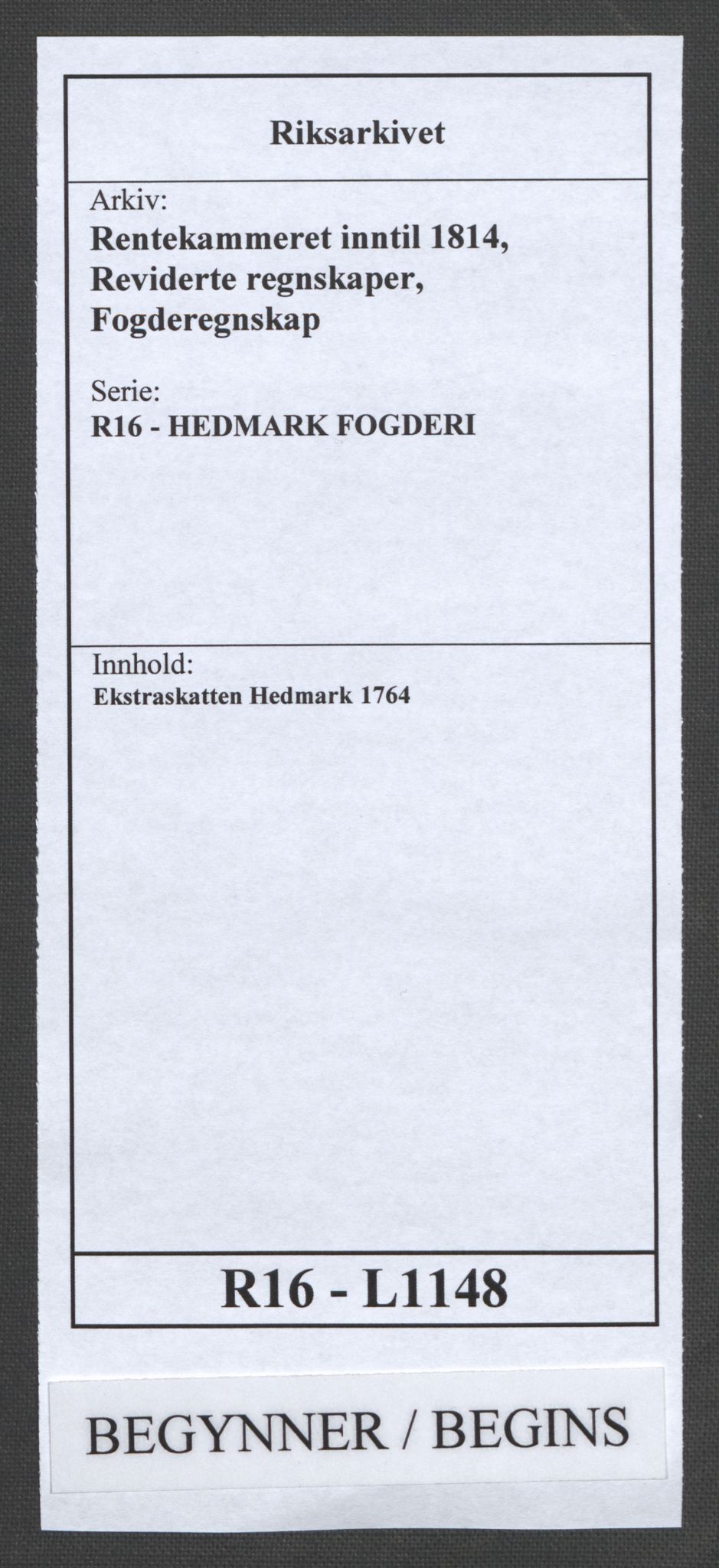 Rentekammeret inntil 1814, Reviderte regnskaper, Fogderegnskap, RA/EA-4092/R16/L1148: Ekstraskatten Hedmark, 1764, p. 1