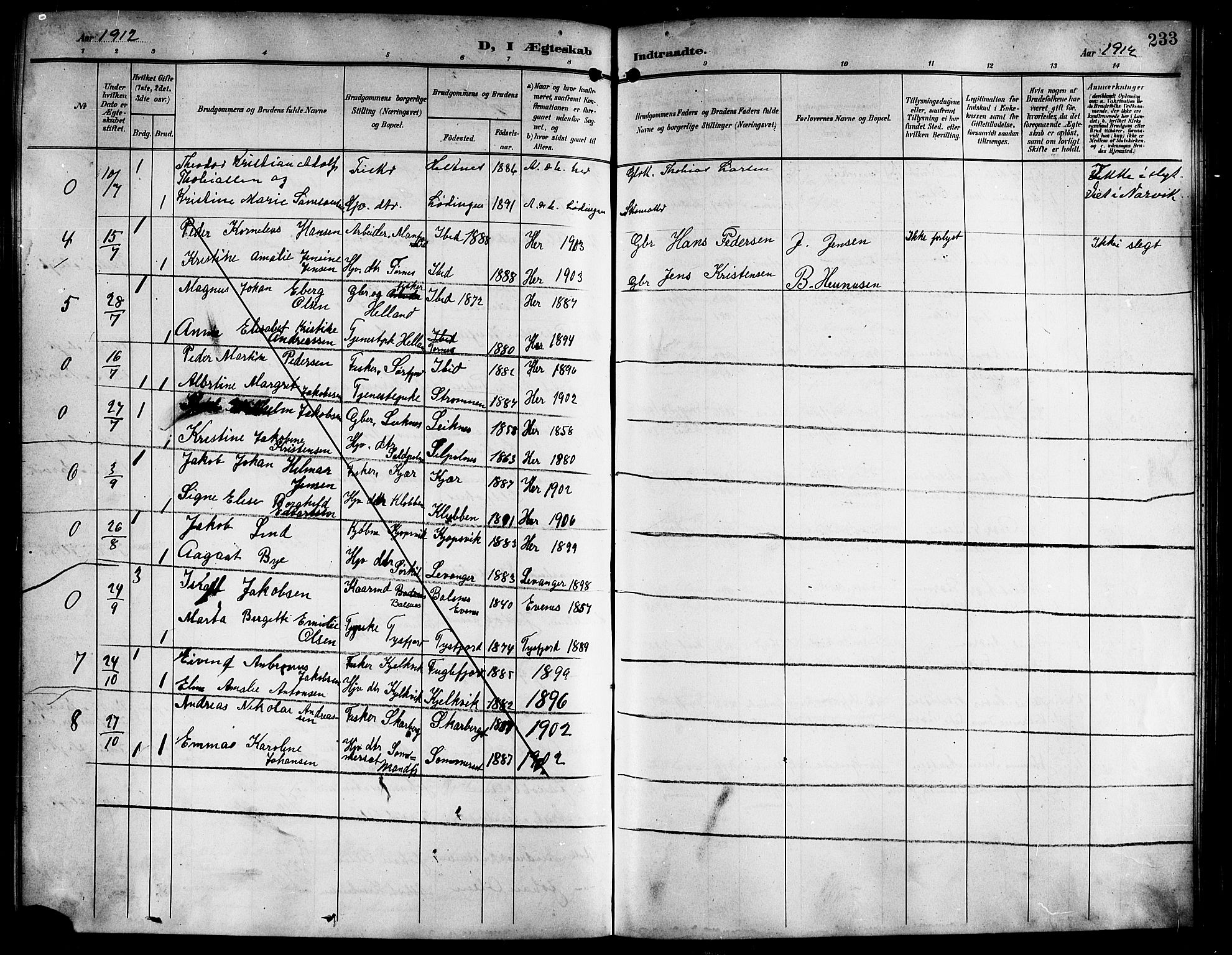 Ministerialprotokoller, klokkerbøker og fødselsregistre - Nordland, AV/SAT-A-1459/861/L0877: Parish register (copy) no. 861C03, 1903-1919, p. 233