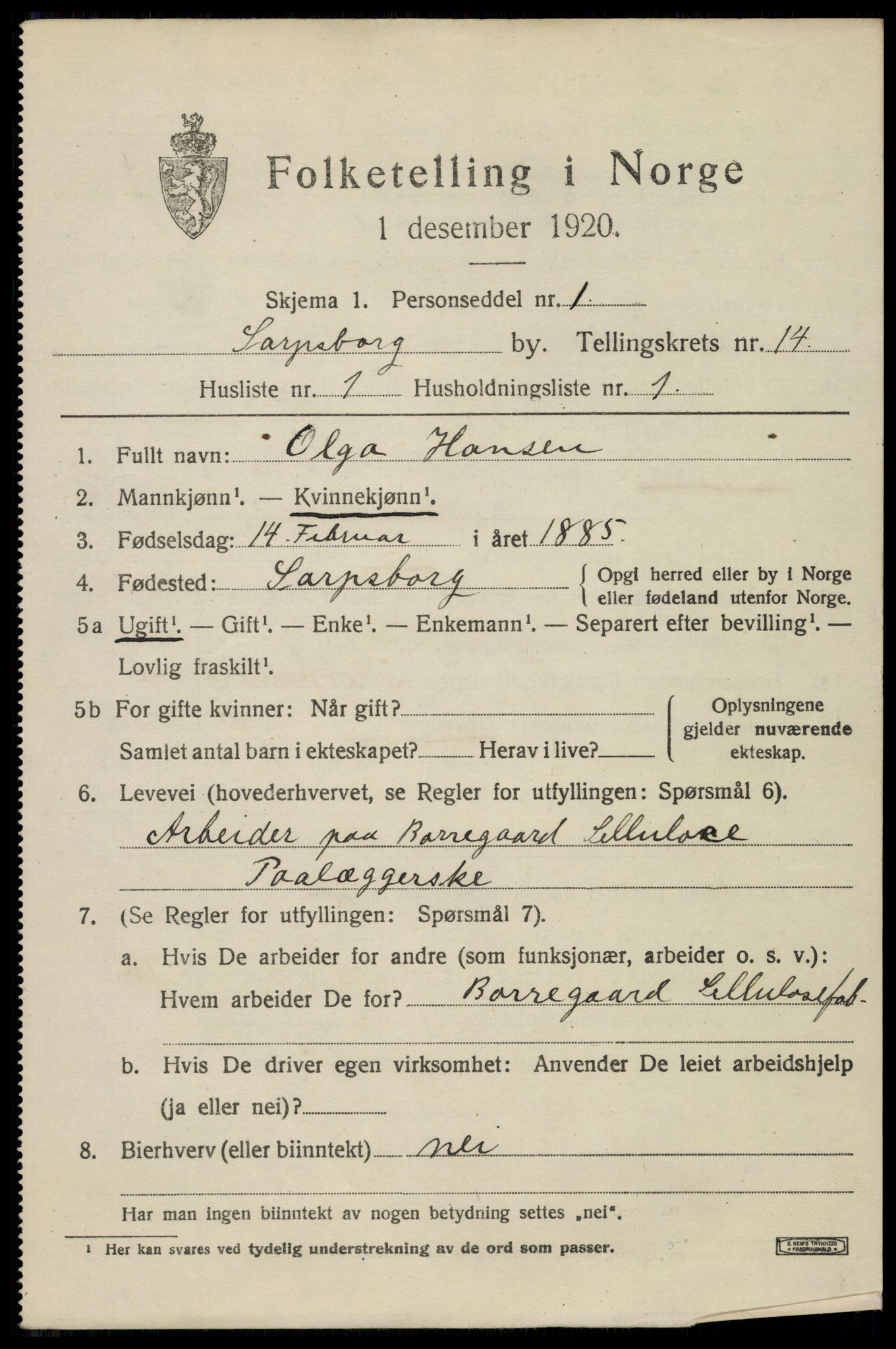 SAO, 1920 census for Sarpsborg, 1920, p. 28240