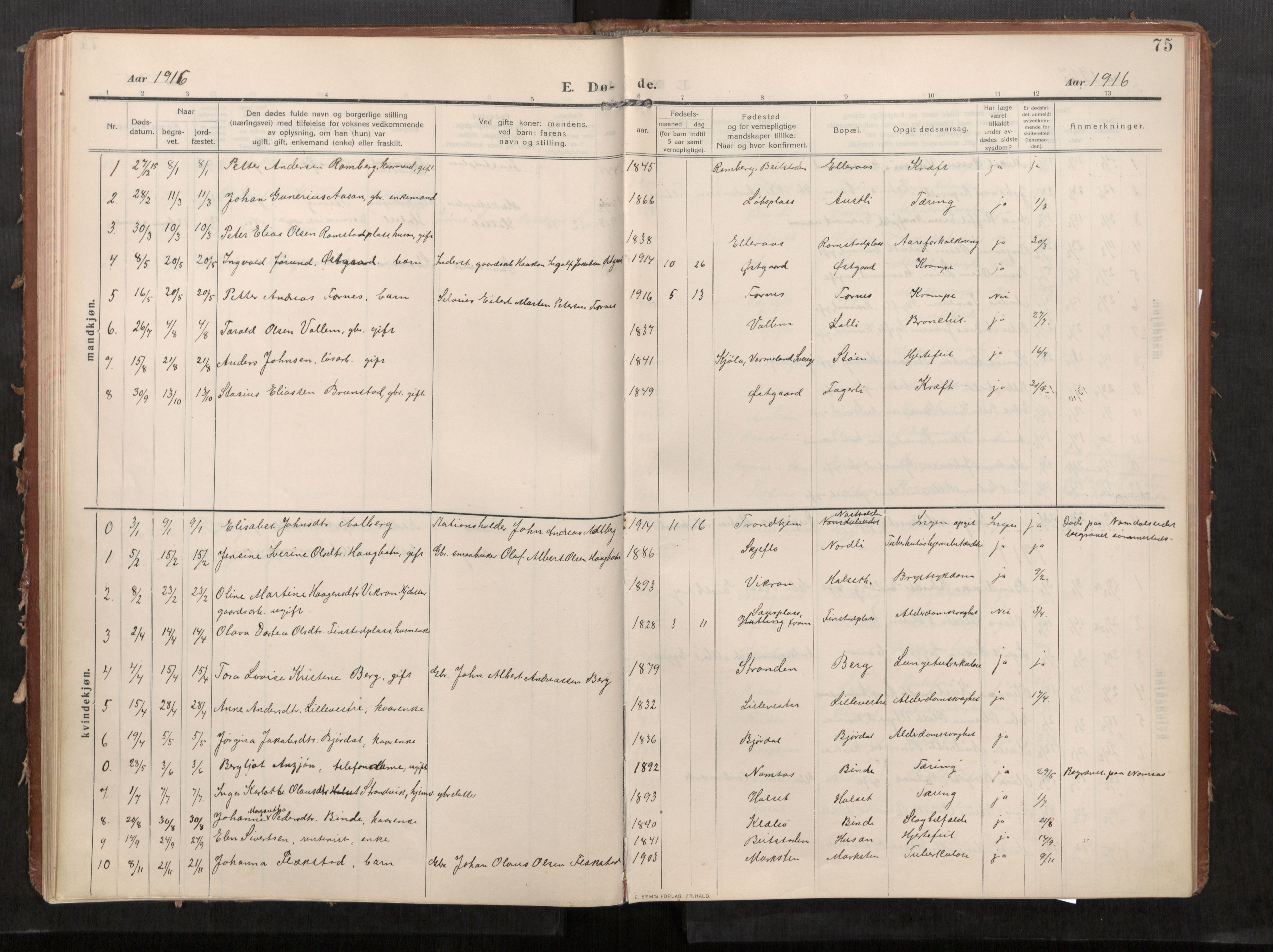 Stod sokneprestkontor, SAT/A-1164/1/I/I1/I1a/L0002: Parish register (official) no. 2, 1909-1922, p. 75