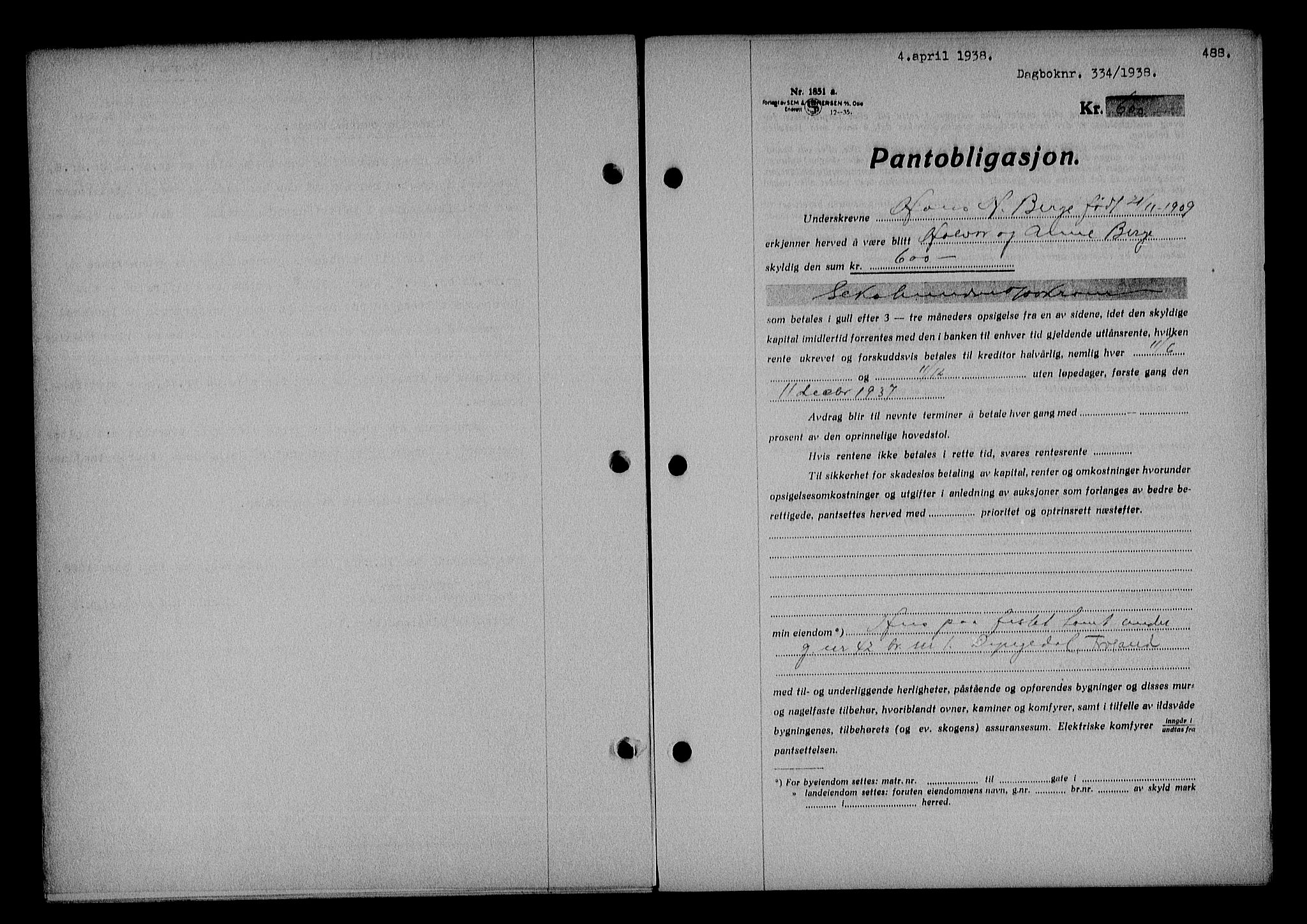 Nedenes sorenskriveri, AV/SAK-1221-0006/G/Gb/Gba/L0044: Mortgage book no. 40, 1937-1938, Diary no: : 334/1938