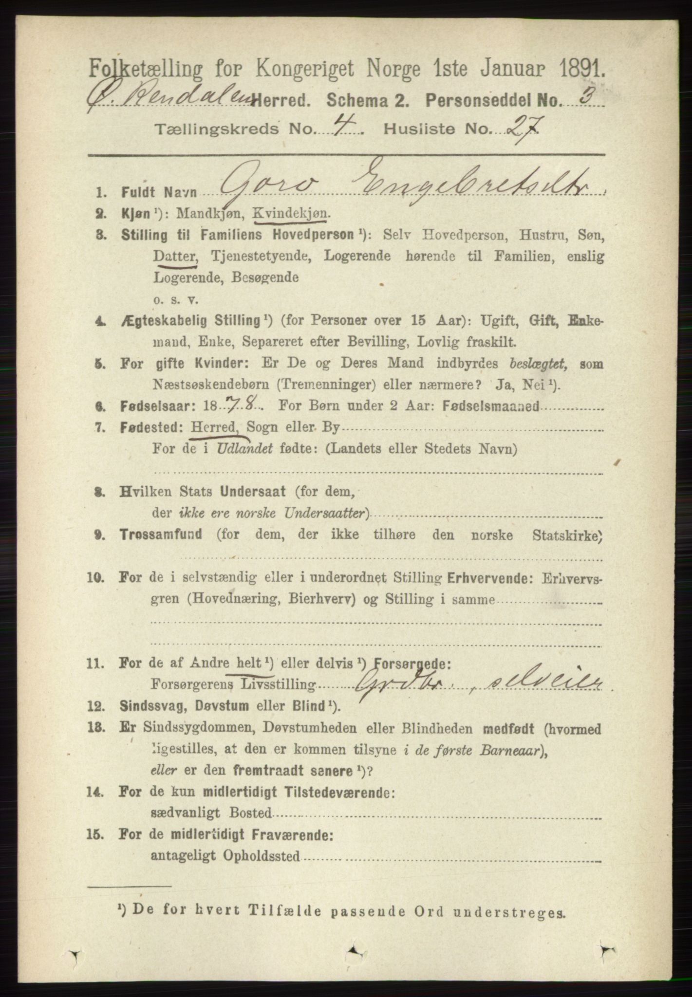 RA, 1891 census for 0433 Øvre Rendal, 1891, p. 1128