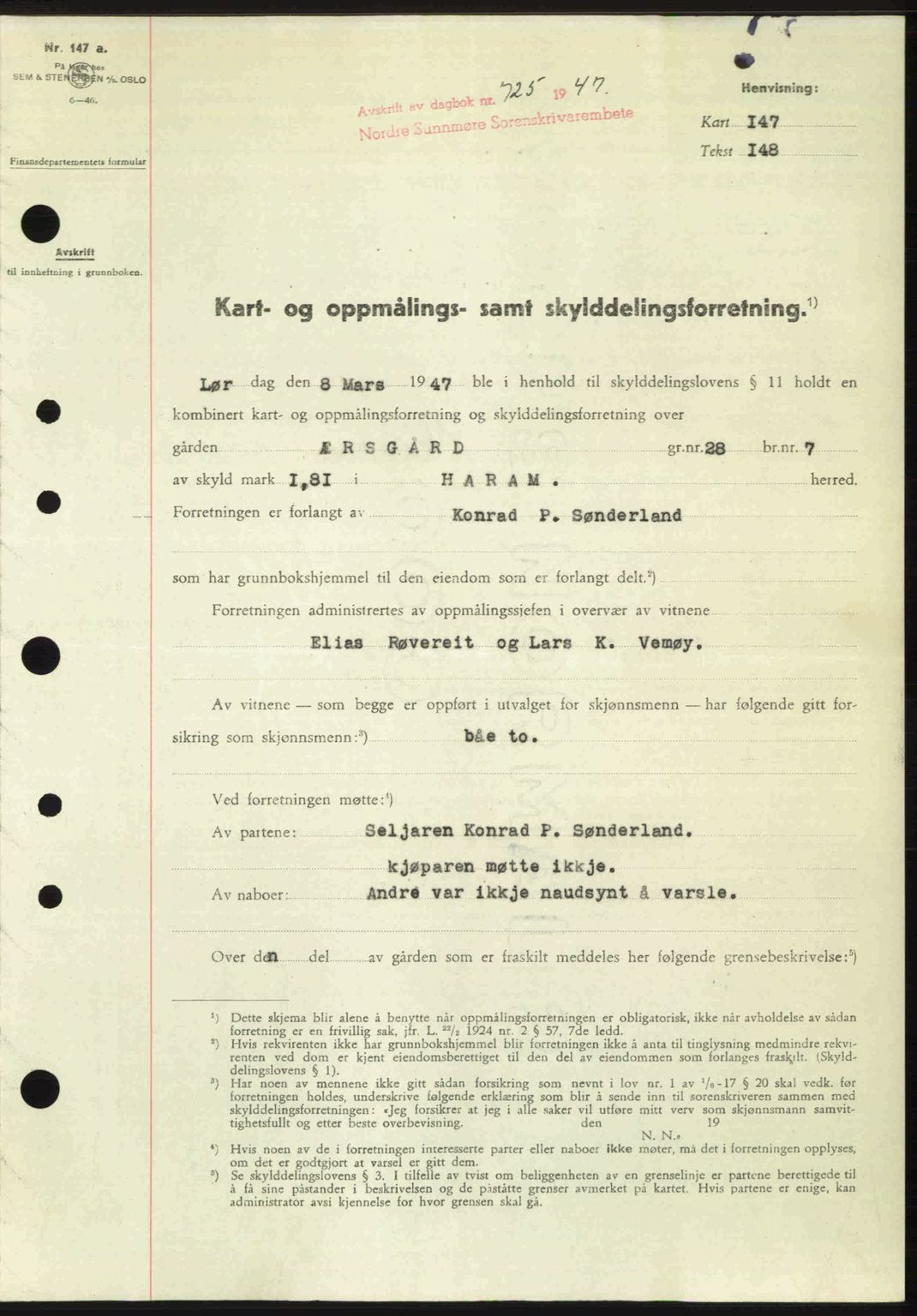 Nordre Sunnmøre sorenskriveri, AV/SAT-A-0006/1/2/2C/2Ca: Mortgage book no. A24, 1947-1947, Diary no: : 725/1947