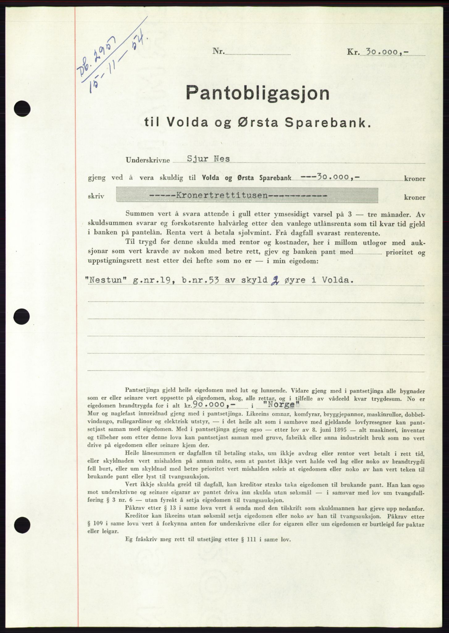 Søre Sunnmøre sorenskriveri, AV/SAT-A-4122/1/2/2C/L0126: Mortgage book no. 14B, 1954-1955, Diary no: : 2951/1954