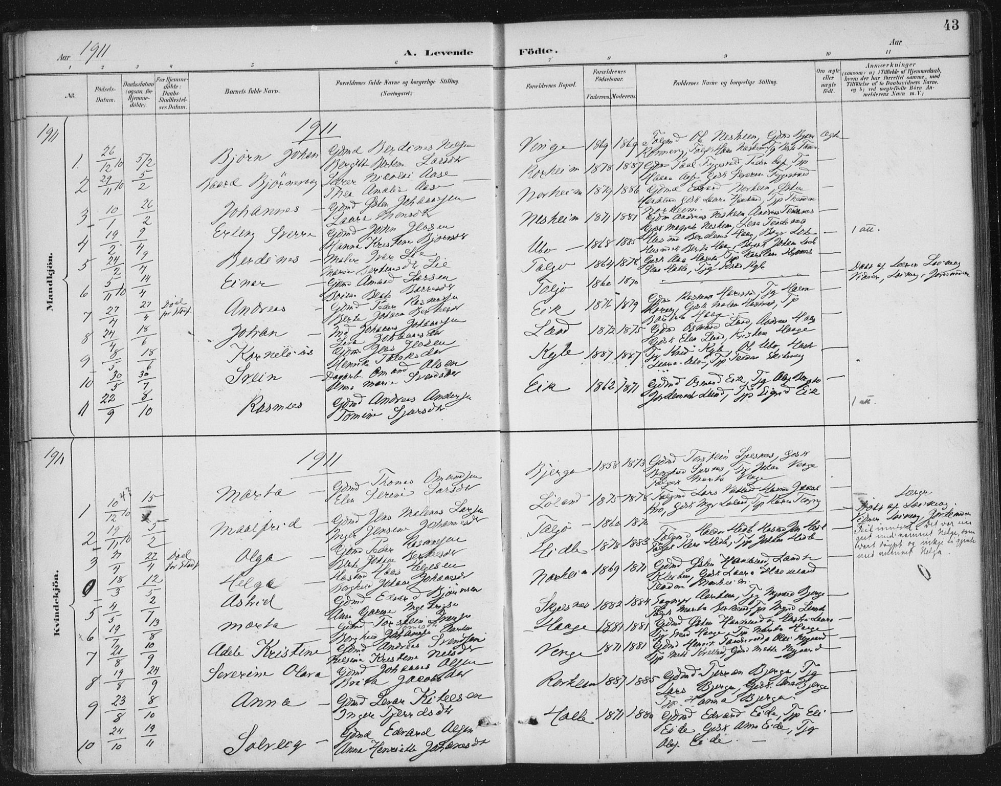 Nedstrand sokneprestkontor, AV/SAST-A-101841/01/IV: Parish register (official) no. A 13, 1887-1915, p. 43