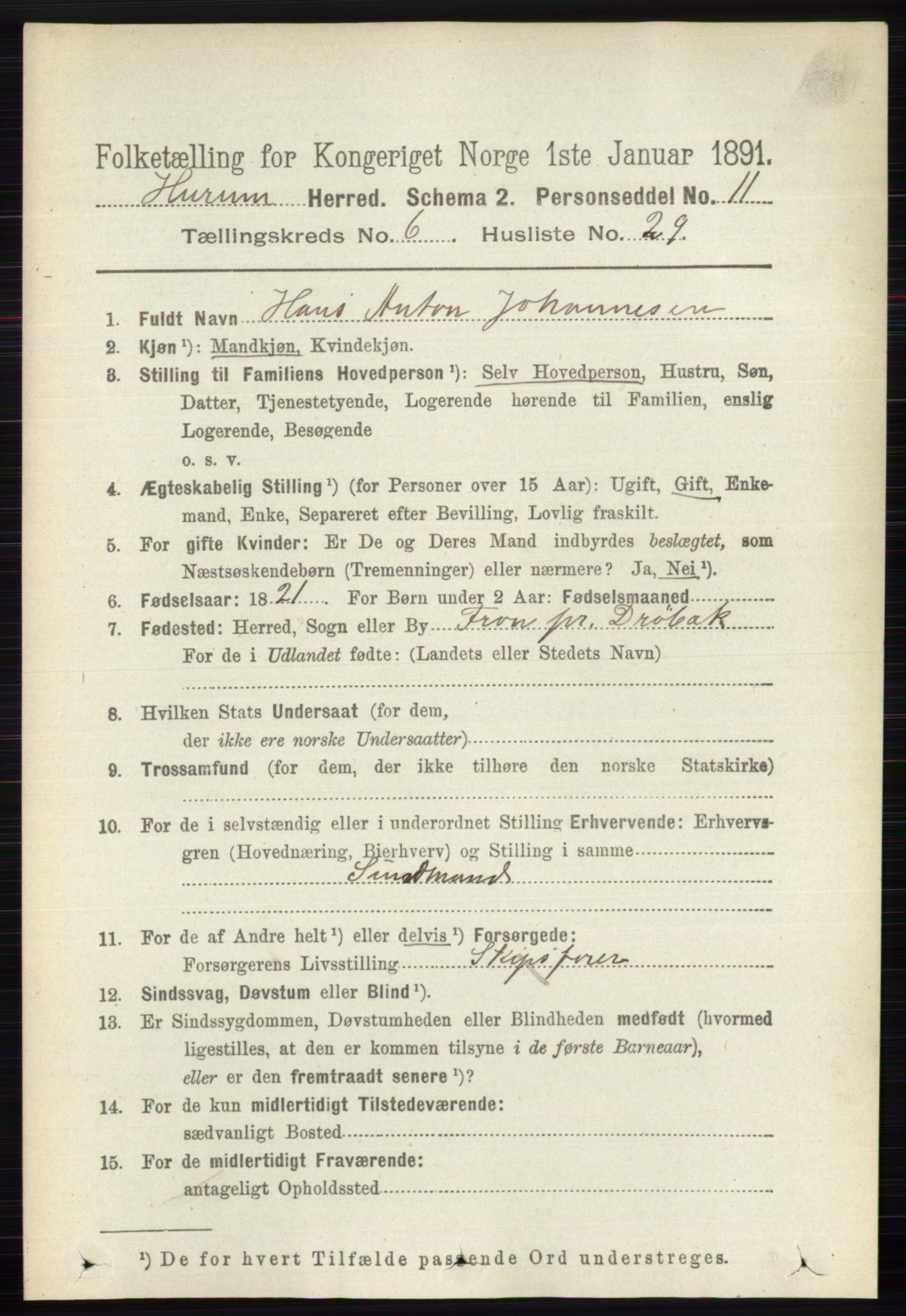 RA, 1891 census for 0628 Hurum, 1891, p. 2154