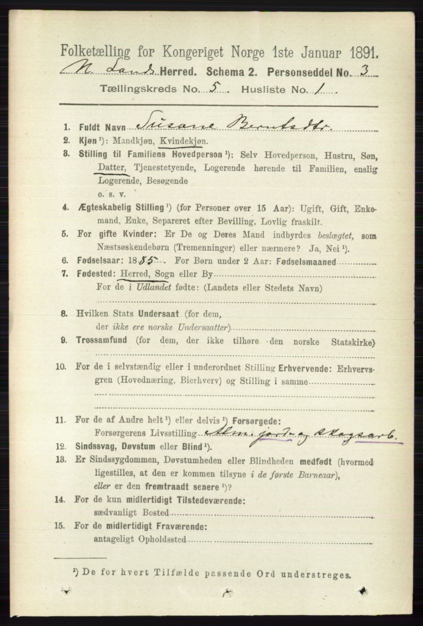 RA, 1891 census for 0538 Nordre Land, 1891, p. 1554