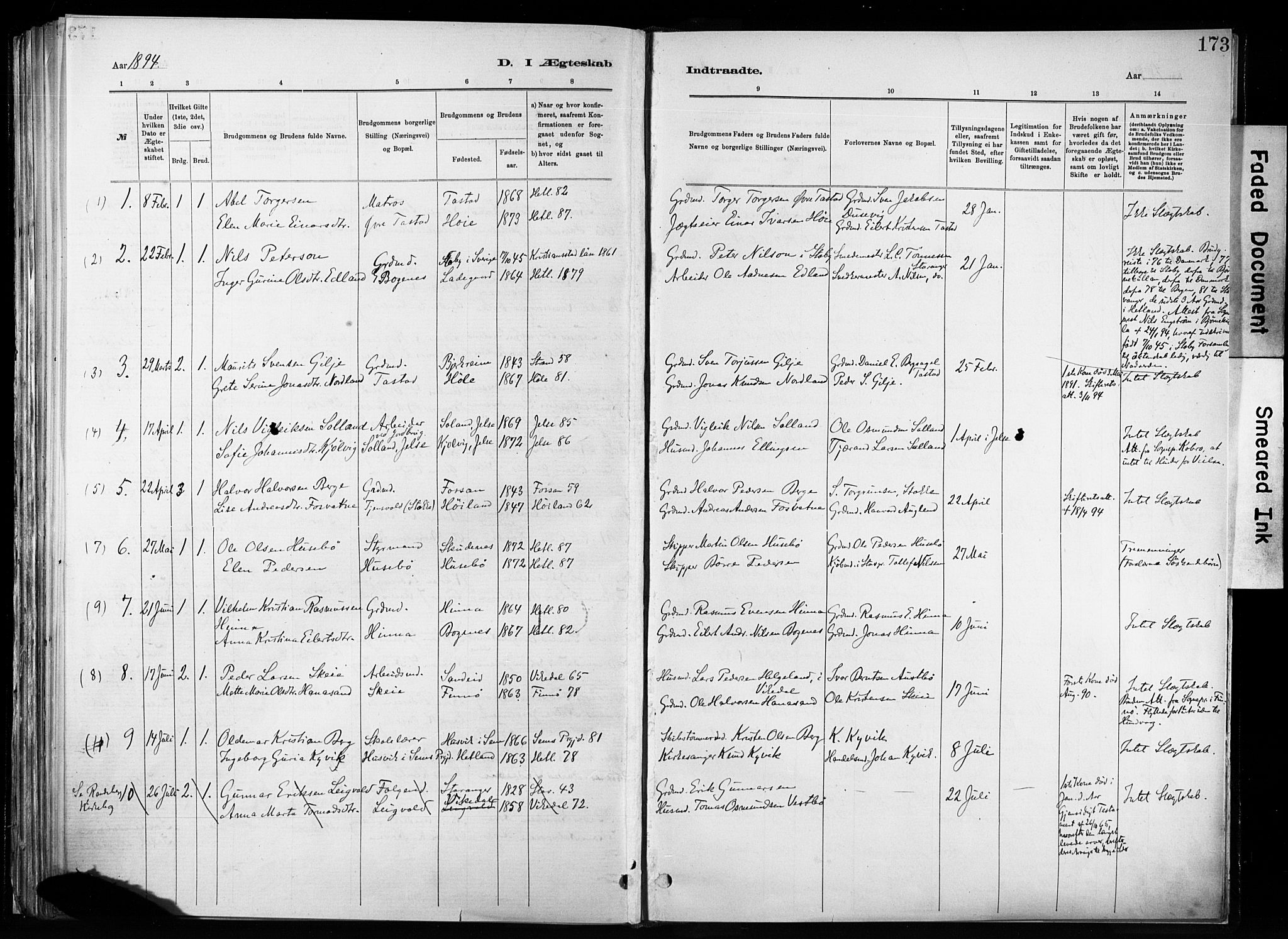 Hetland sokneprestkontor, SAST/A-101826/30/30BA/L0011: Parish register (official) no. A 11, 1884-1911, p. 173