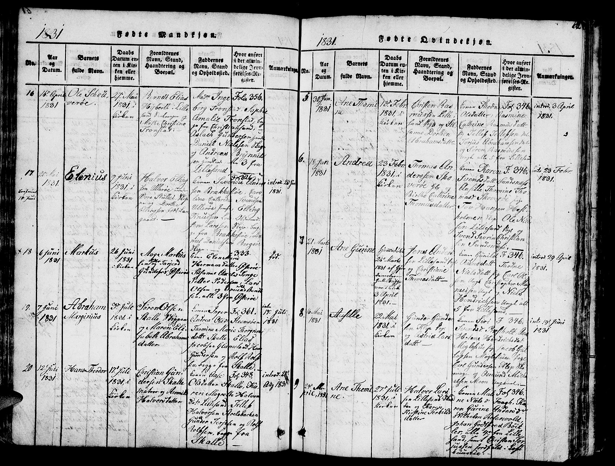 Vestre Moland sokneprestkontor, SAK/1111-0046/F/Fb/Fbb/L0001: Parish register (copy) no. B 1, 1816-1851, p. 62