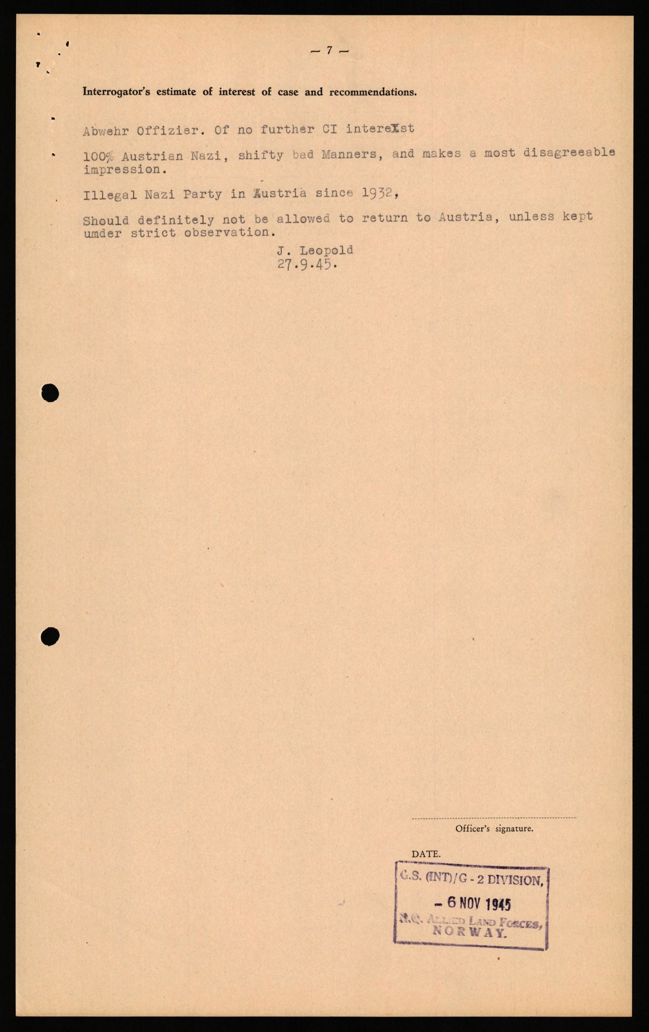 Forsvaret, Forsvarets overkommando II, AV/RA-RAFA-3915/D/Db/L0039: CI Questionaires. Tyske okkupasjonsstyrker i Norge. Østerrikere., 1945-1946, p. 46