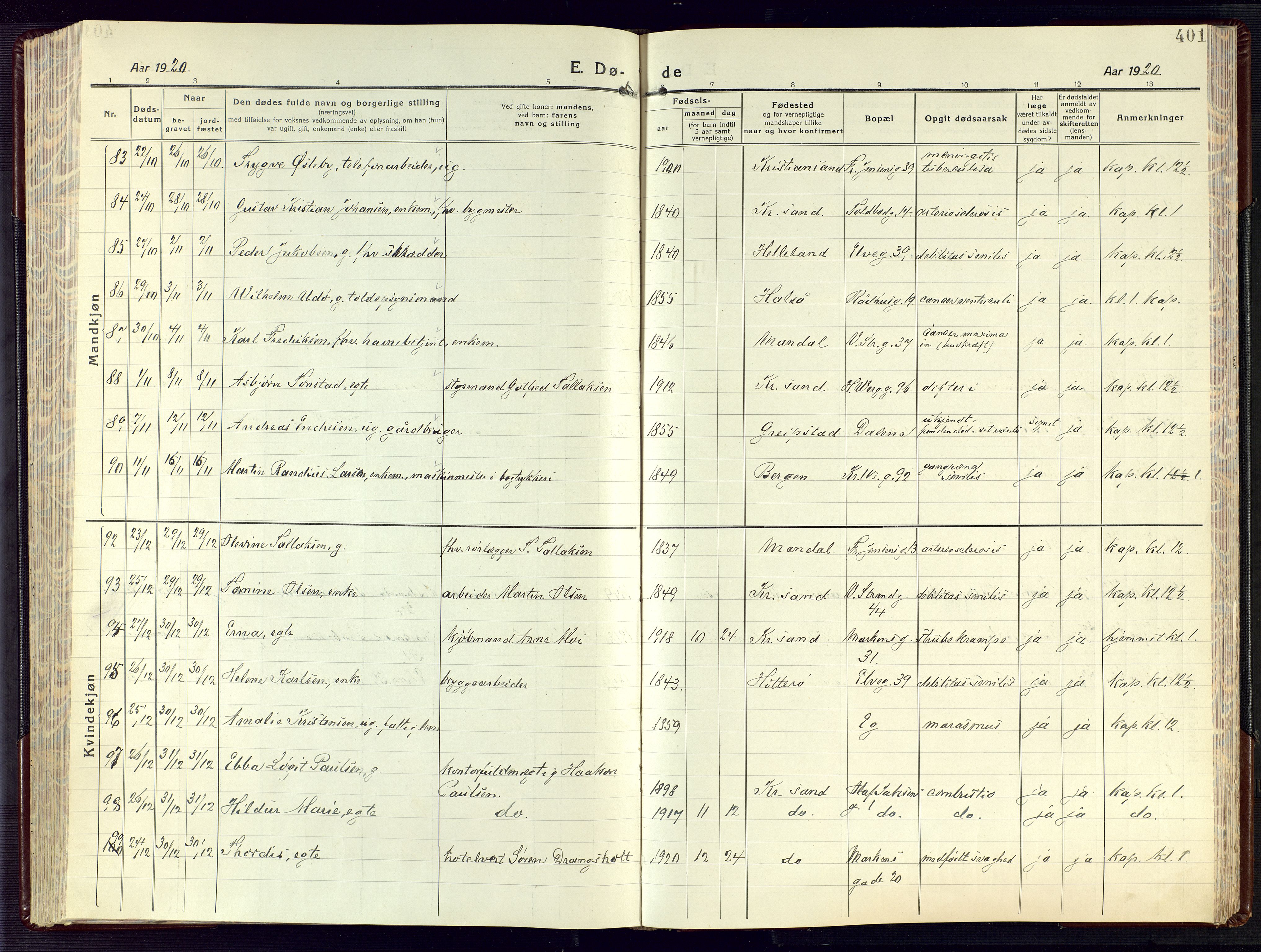 Kristiansand domprosti, AV/SAK-1112-0006/F/Fa/L0028: Parish register (official) no. A 27, 1917-1926, p. 401